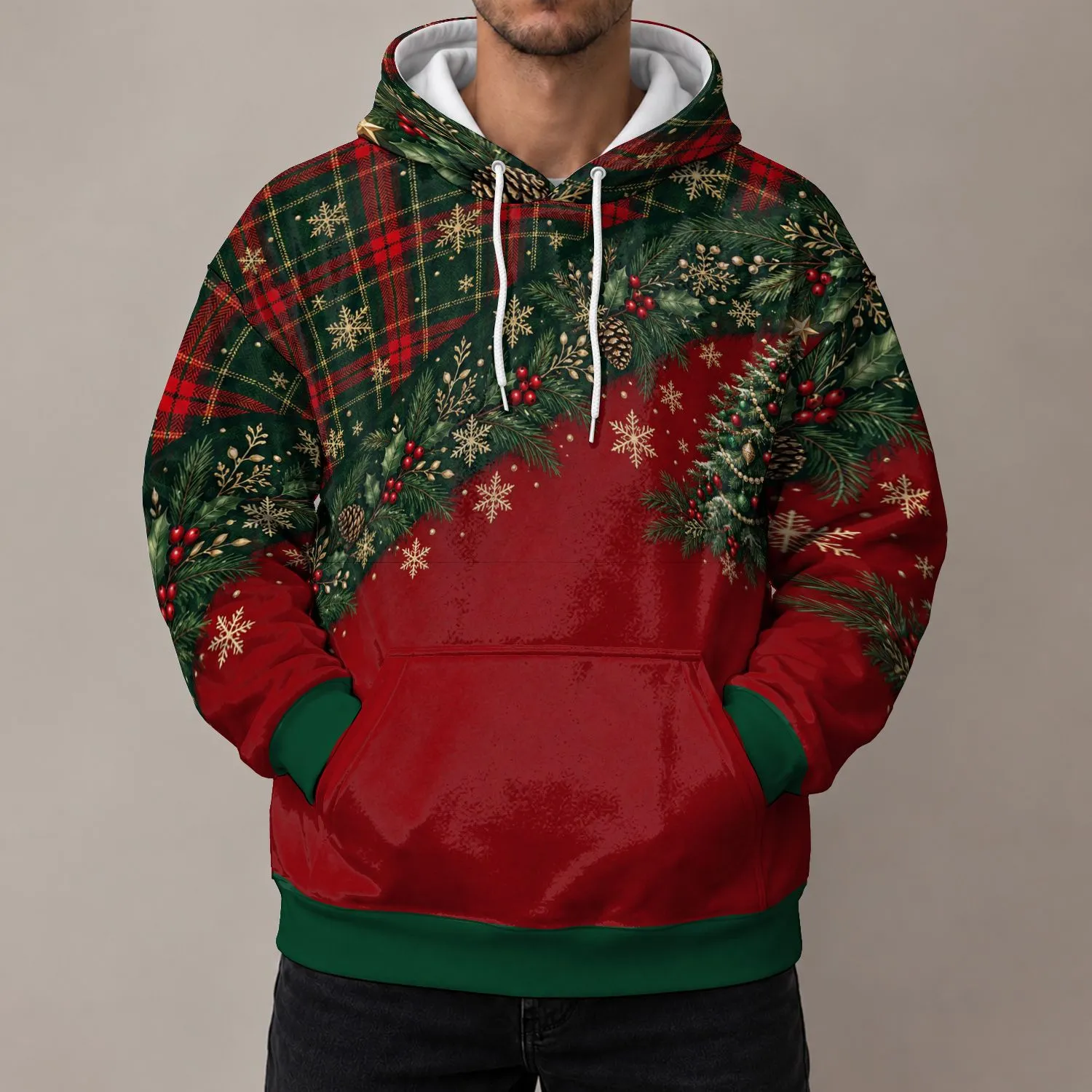 Red Tartan Snowflake Christmas Tree Holiday Style for Cozy Winter Celebrations All-over Print Hoodie (Lightweight) - 1