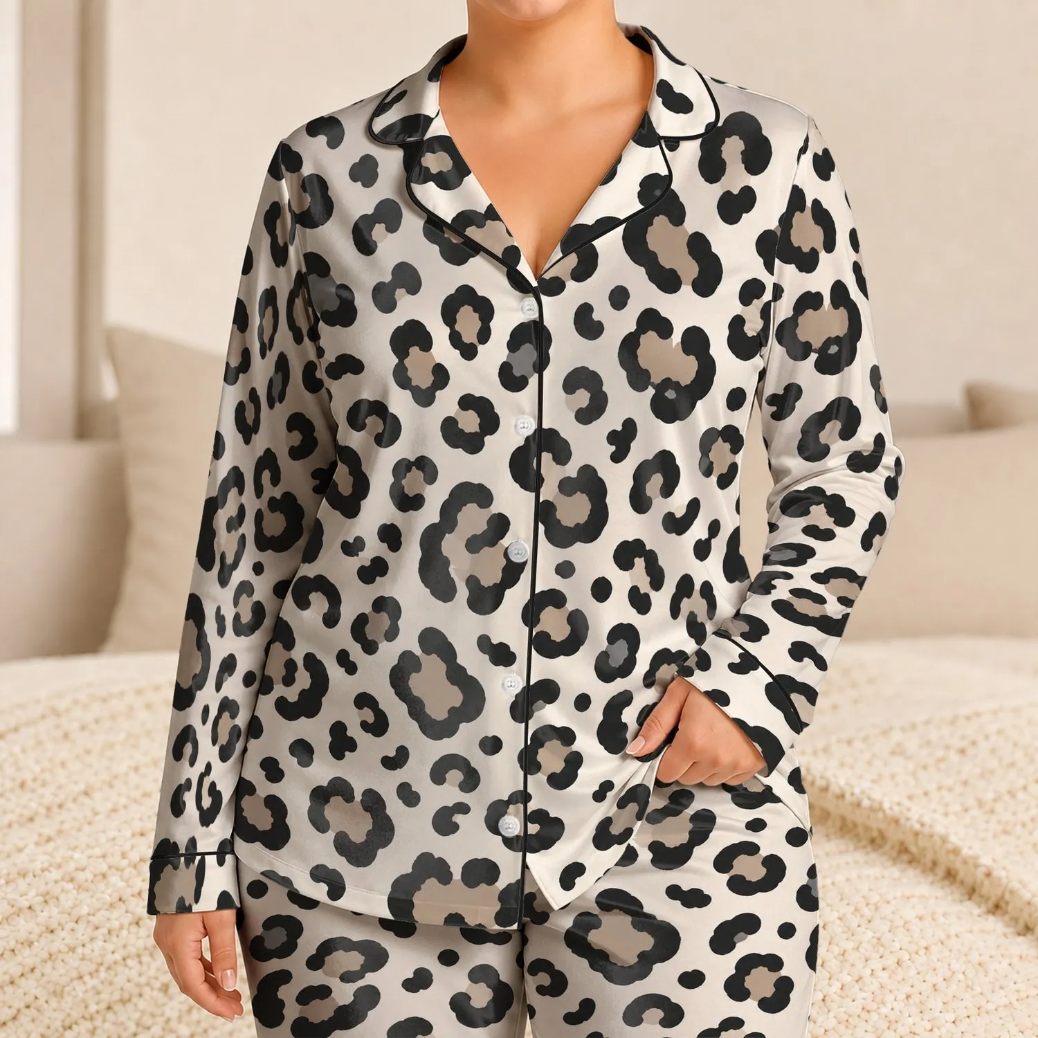 Ivory Leopard Spots for Cozy Bedtime Lounging, Chic Women's Nighttime Comfort at Home Satin Pajamas Set - 1