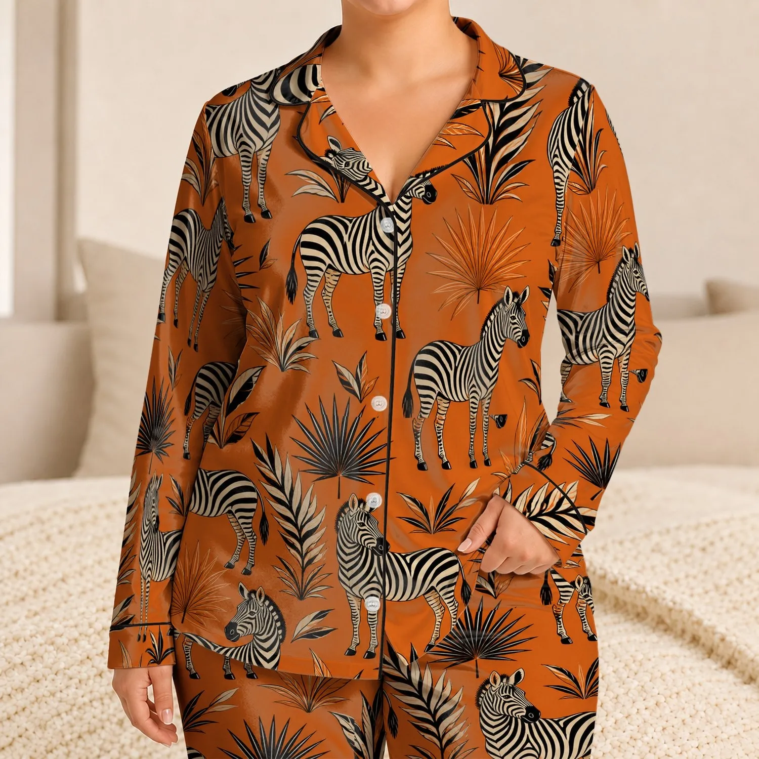 Burnt Orange Zebra and Palm Leaf Motifs for Cozy Nighttime Lounging, Safari Fans Satin Pajamas Set - 1