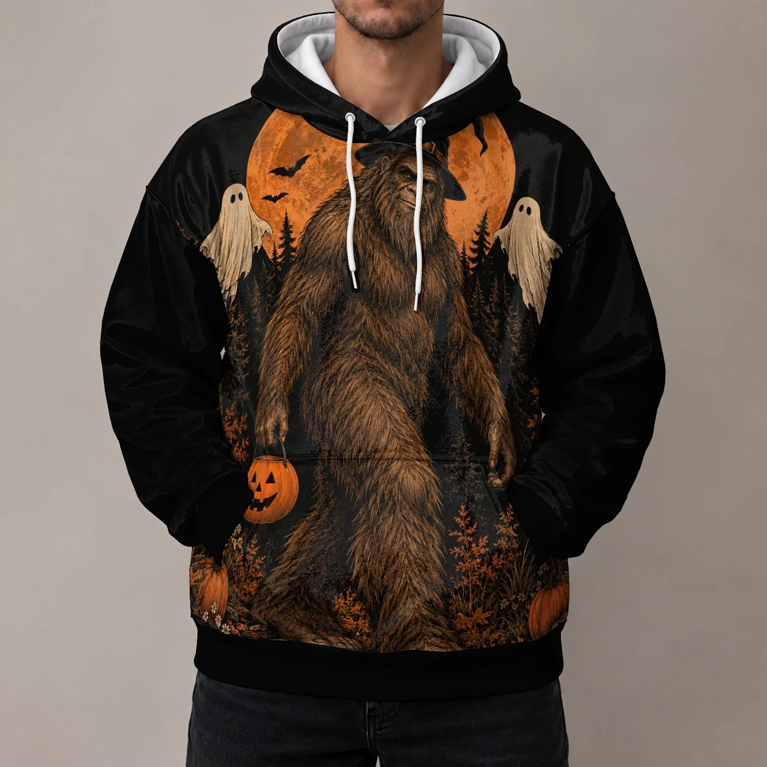 Sasquatch Halloween Moonlit Forest Scene for Spooky Season Celebrations and Fans All-over Print Hoodie (Lightweight) - 1
