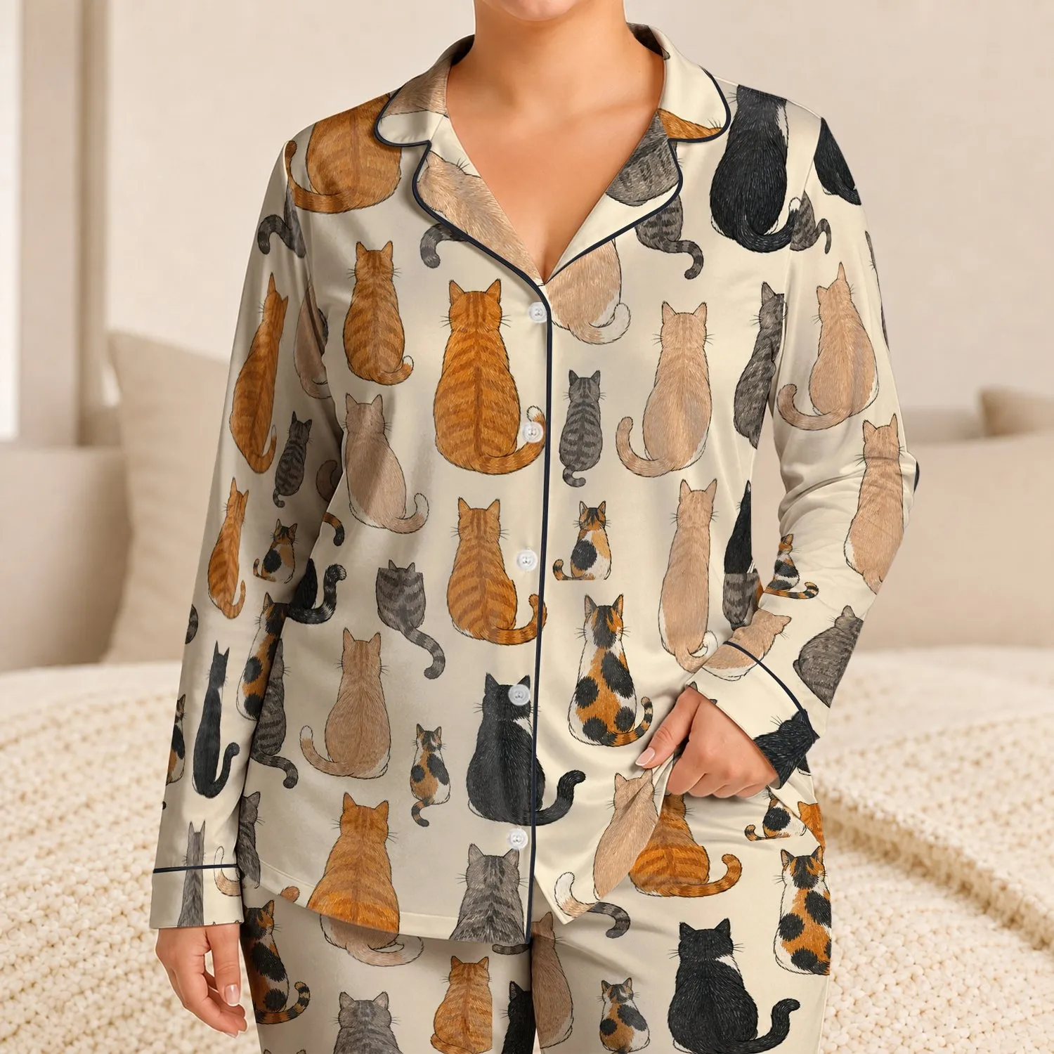 Rear-View Cat Family Sleepwear For Cozy Nights, Lounging And Family Gatherings Together Satin Pajamas Set - 1