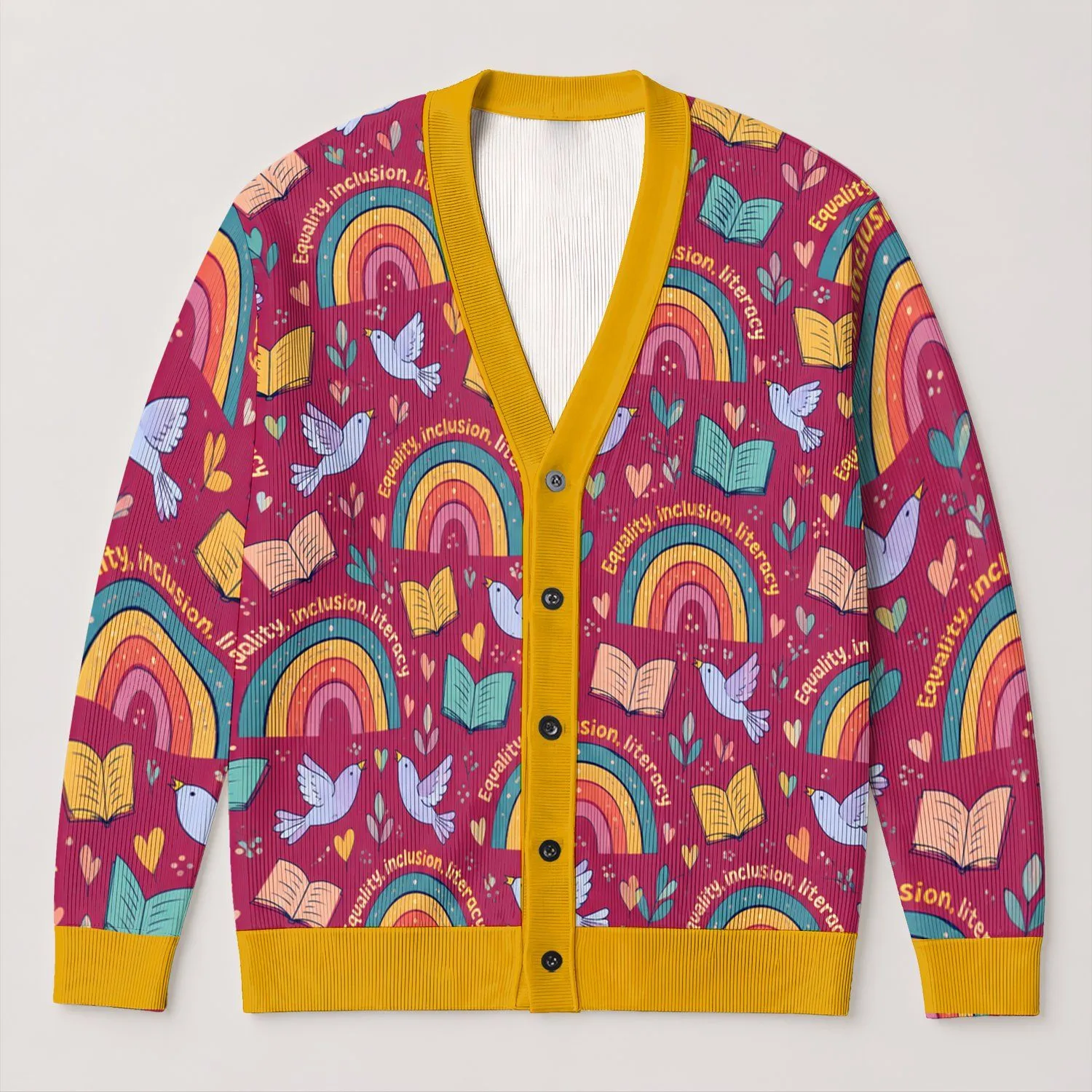 Rainbow Books, Birds and Literacy Equality for Inclusive School Days and Reading Clubs All-over Print Knitted Cardigan - 1