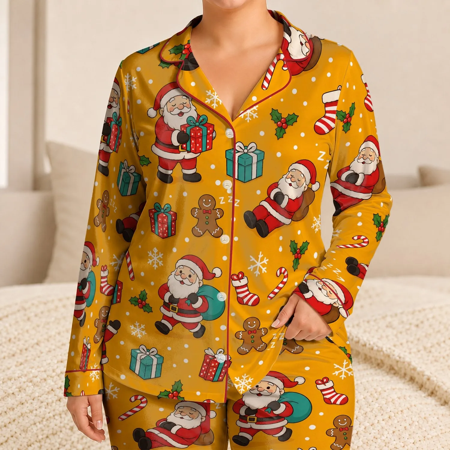 Cute Santa Gift Snowflake Holiday Sleepwear Set For Cozy Christmas Evenings At Home Satin Pajamas Set - 1