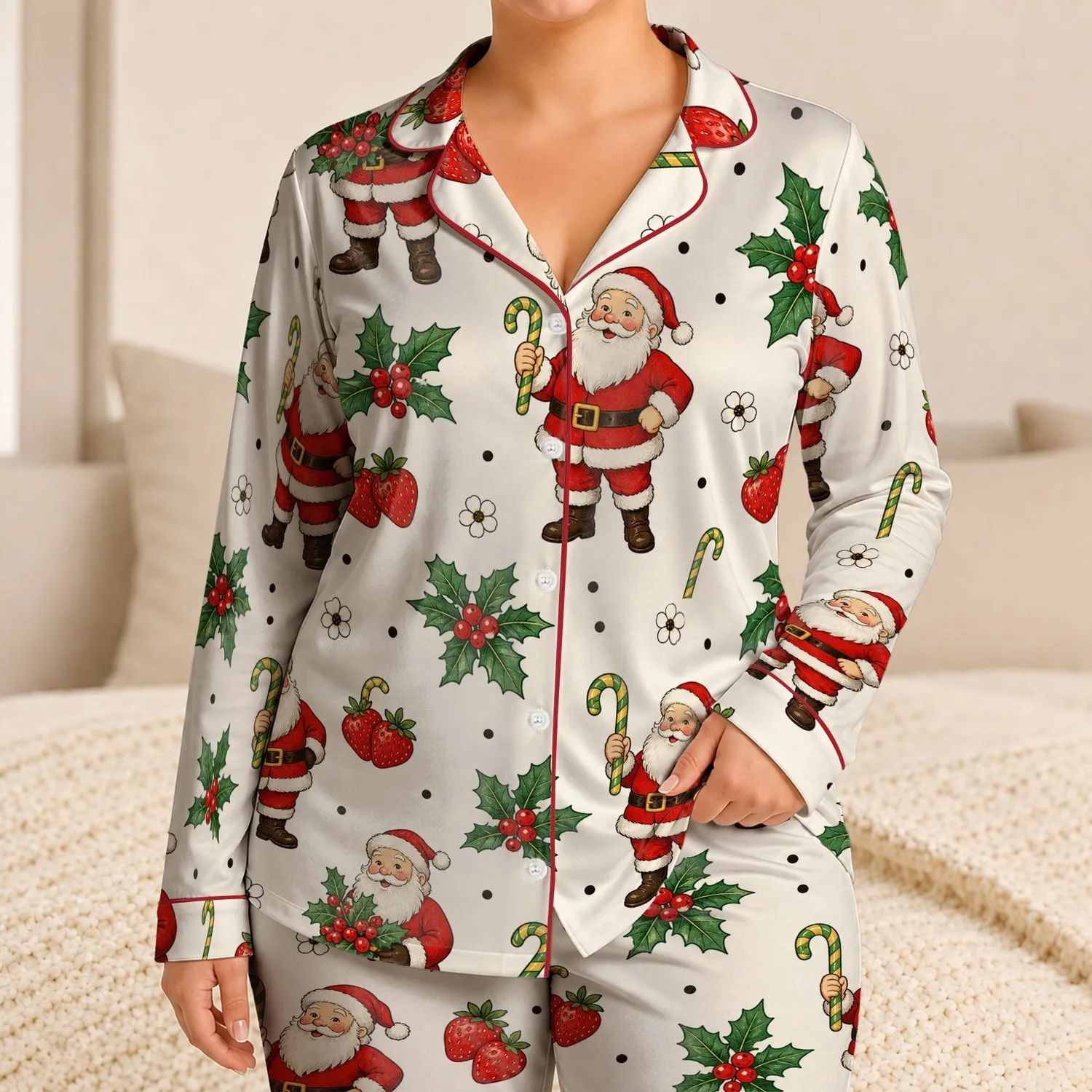 Santa Claus Holly Candy Cane Christmas Gift For Family Xmas Eve Cozy Winter Nights Satin Pajamas Set - 1