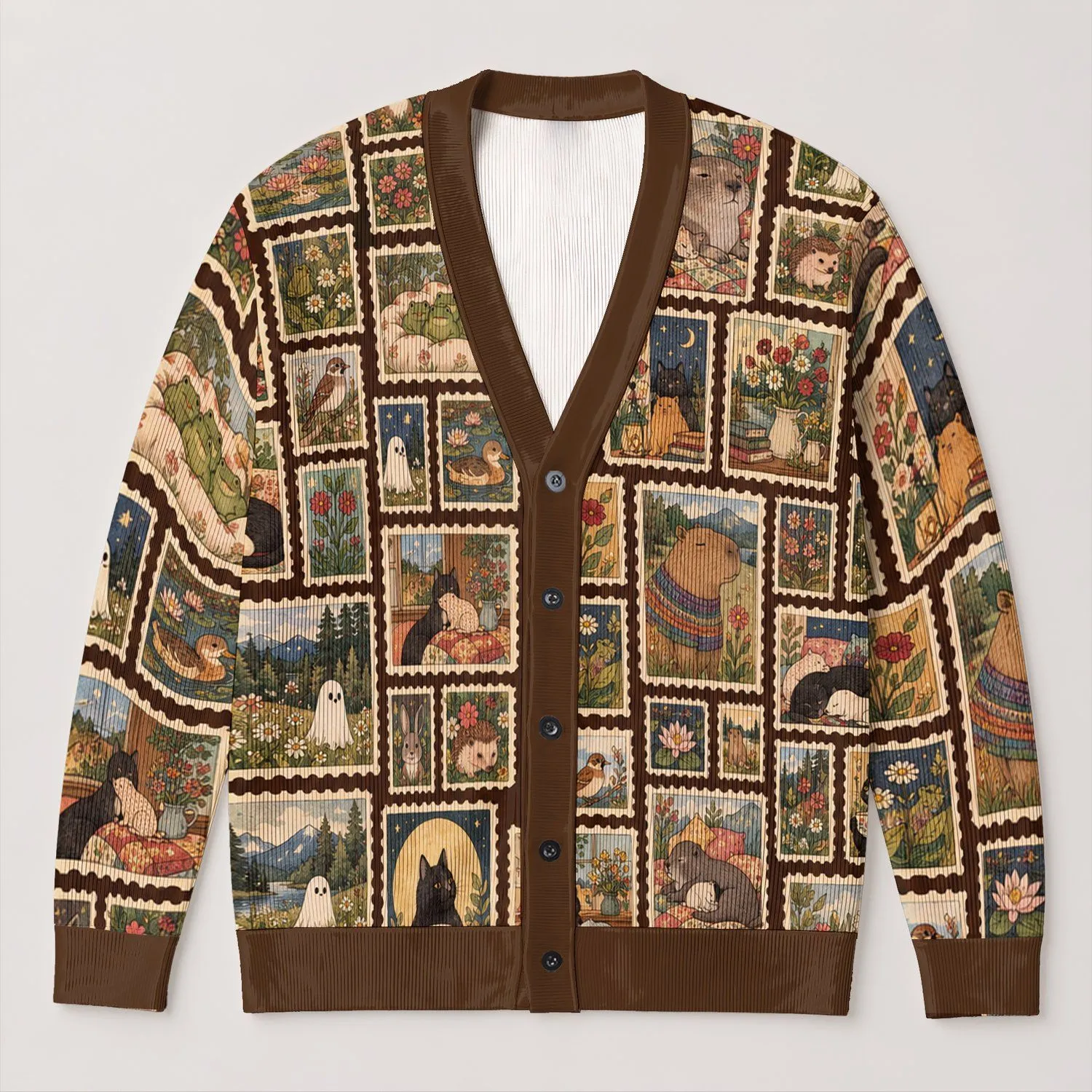 Whimsical Capybara and Cat Postage Stamps for Cozy Everyday Layering All-over Print Knitted Cardigan - 1