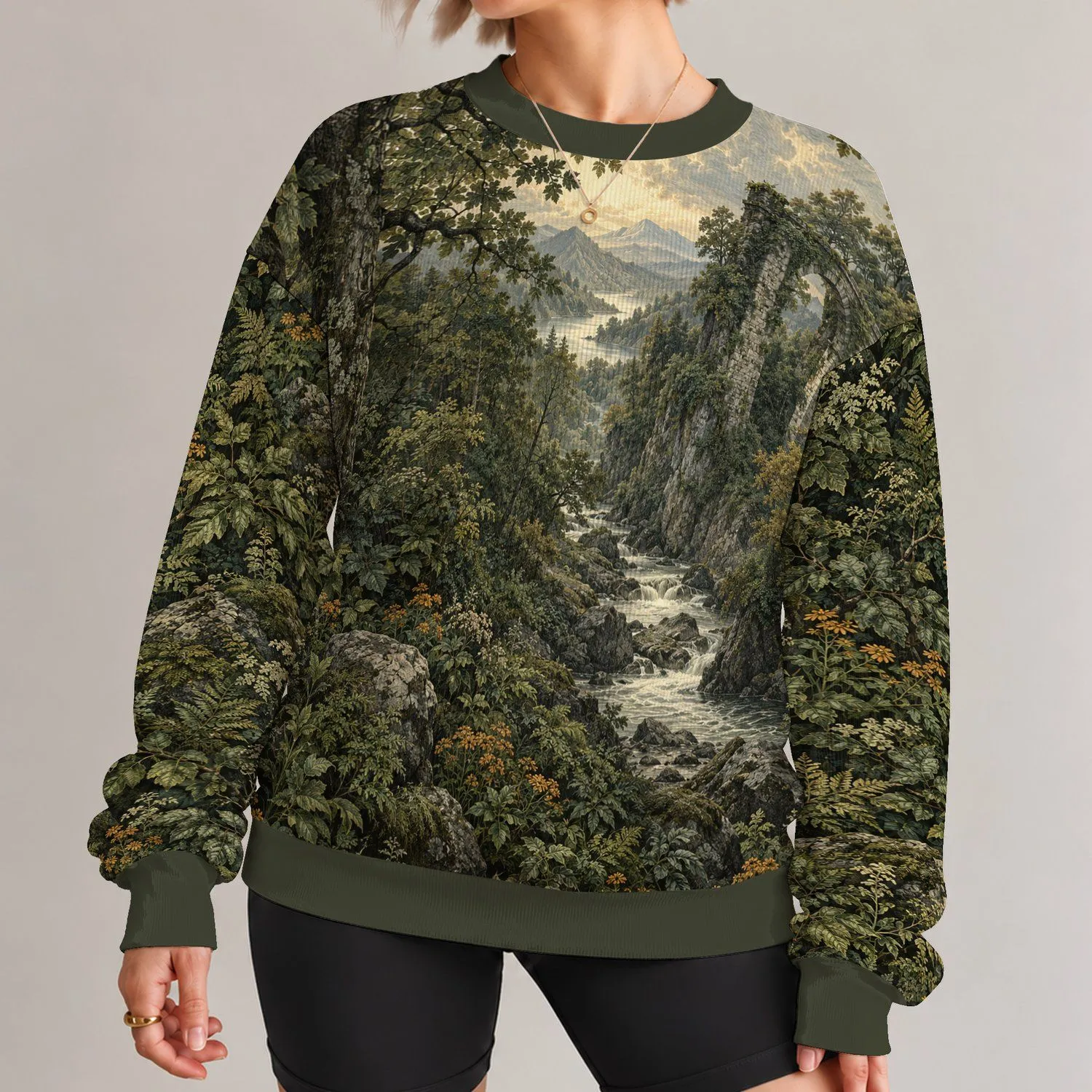 Olive Woodland Stream And Stone Bridge For Quiet Autumn Nature Getaways All-over Print Knitted Sweater - 1