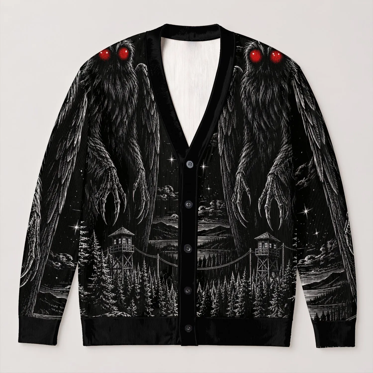 Mothman Forest Watchtower Night Scene for Gothic Everyday Layering All-over Print Knitted Cardigan - 1