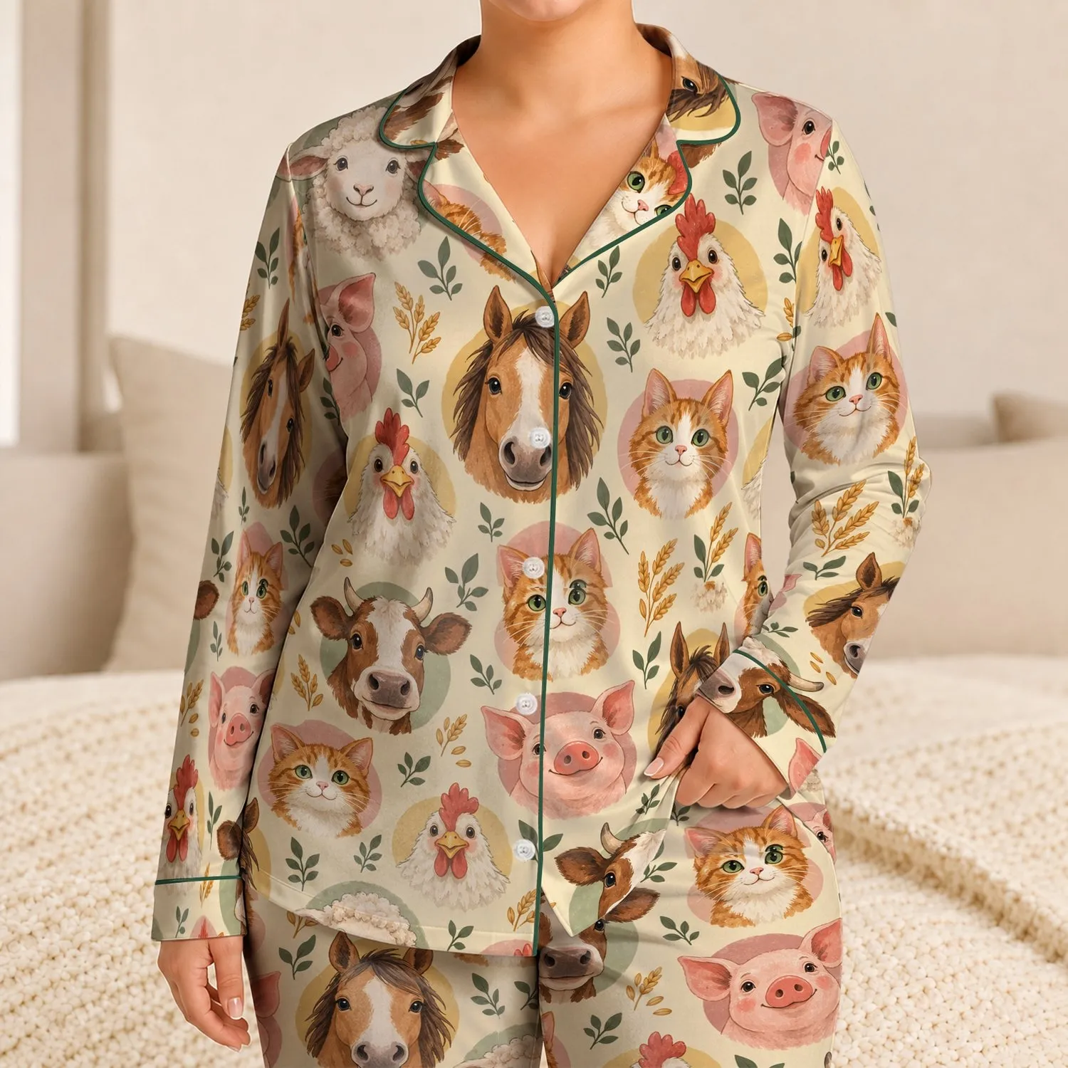 Farm Animal Faces for Cozy Countryside Evenings and Relaxed Weekend Lounging at Home Satin Pajamas Set - 1