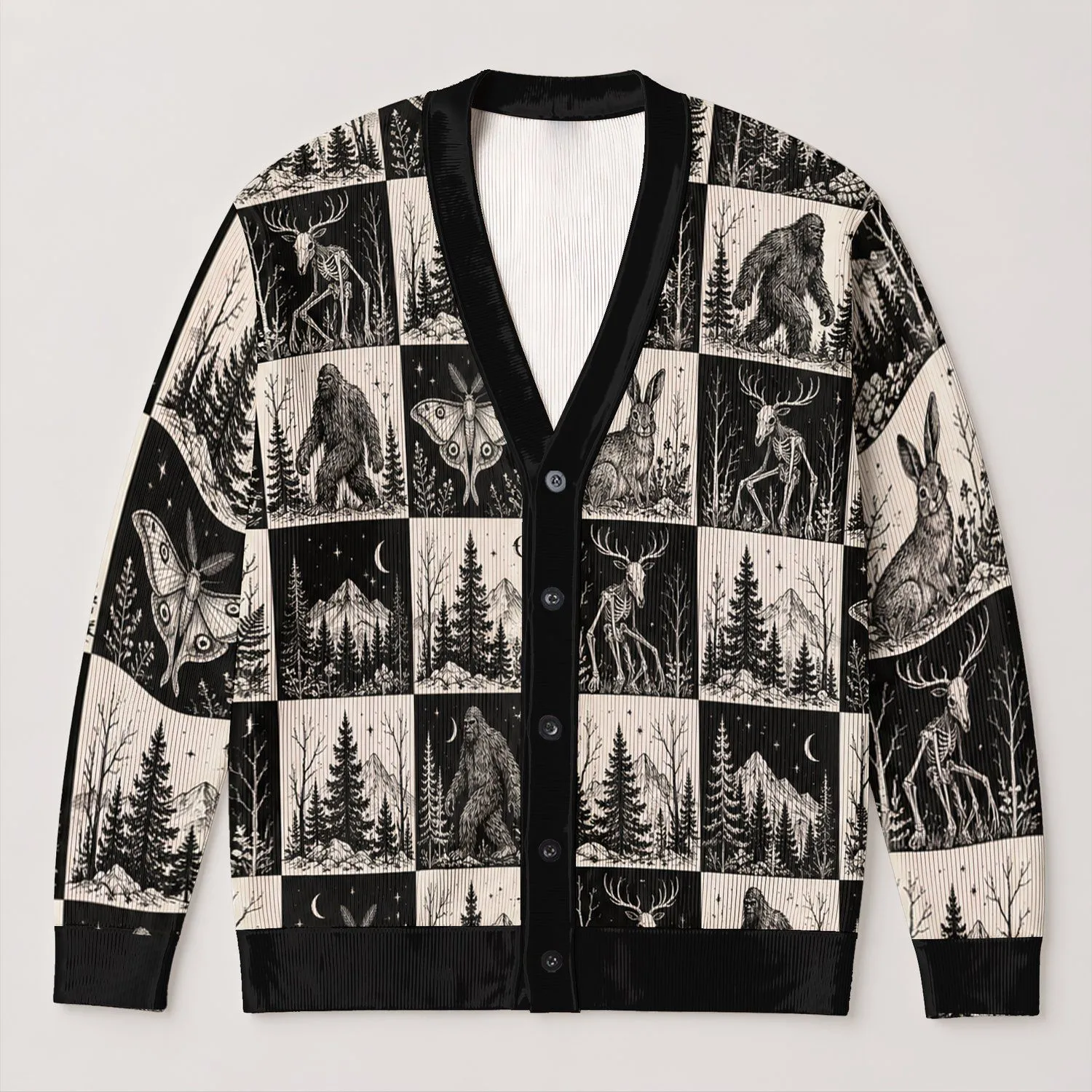 Cryptid Checkerboard Woodland Sketches for Halloween and Everyday Fall Layering All-over Print Knitted Cardigan - 1