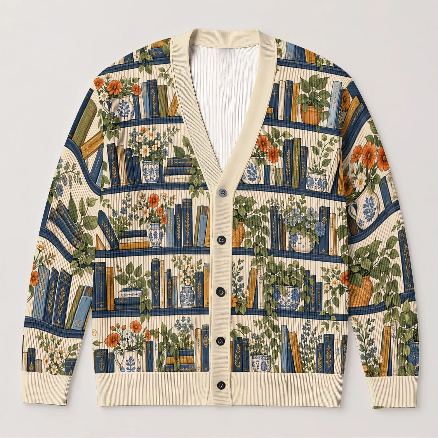 Vintage Bookshelf Blooms for Cozy Autumn Reading Days and Quiet Library Lovers All-over Print Knitted Cardigan - 1