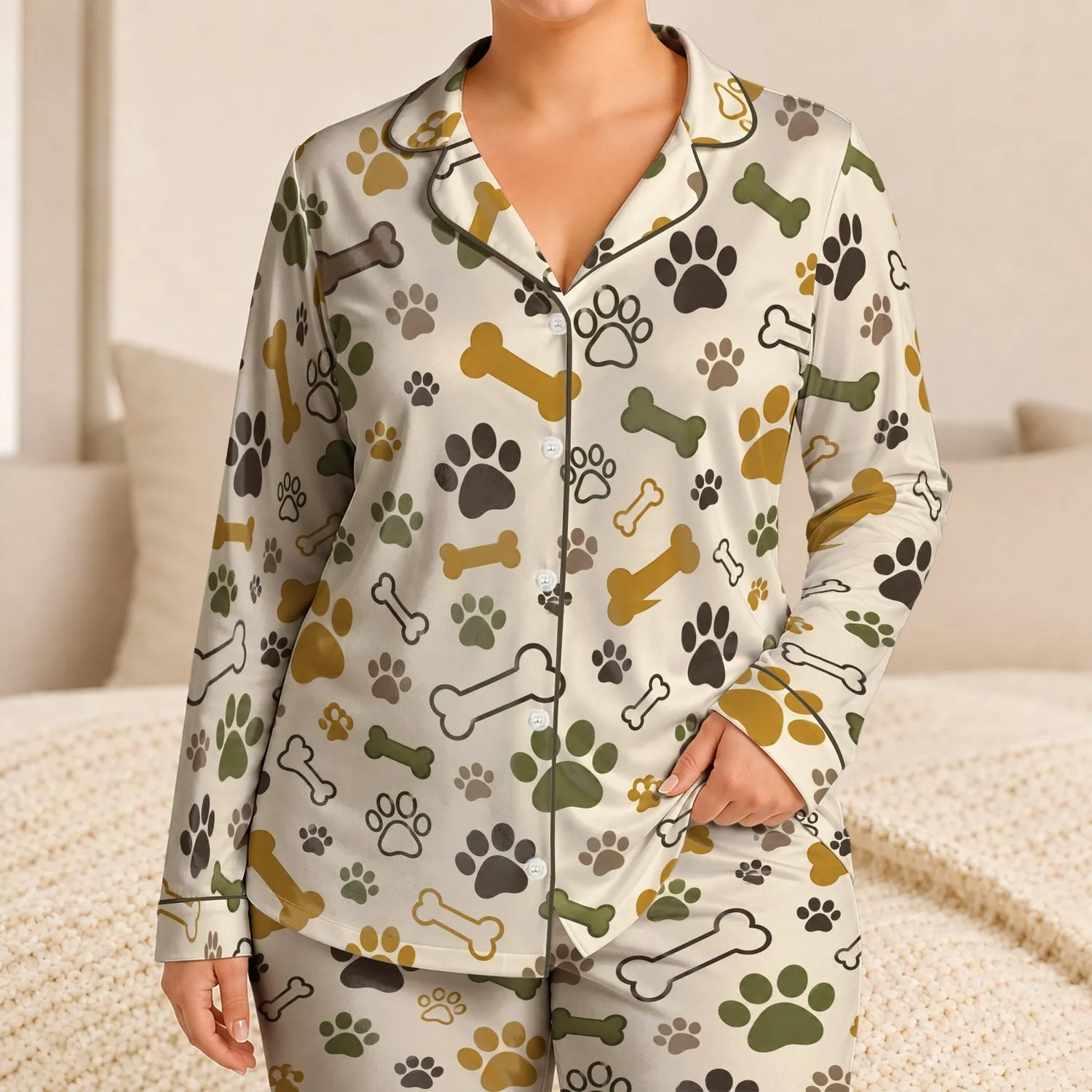 Dog Paw And Bone Motifs For Cozy Nights And Relaxed Weekend Lounging Satin Pajamas Set - 1
