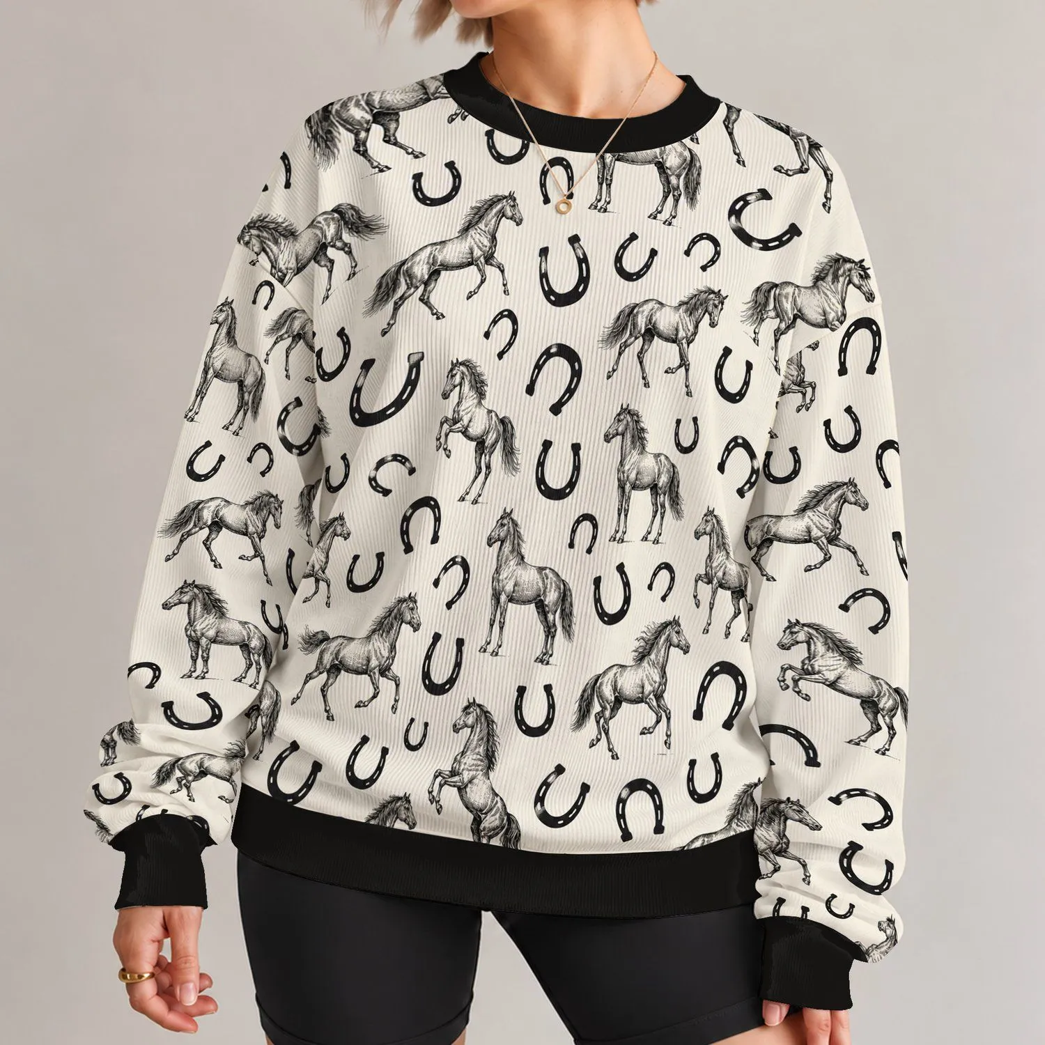 Horses And Horseshoes For Equestrian Weekends And Country Casual Style For Her Outdoors All-over Print Knitted Sweater - 1