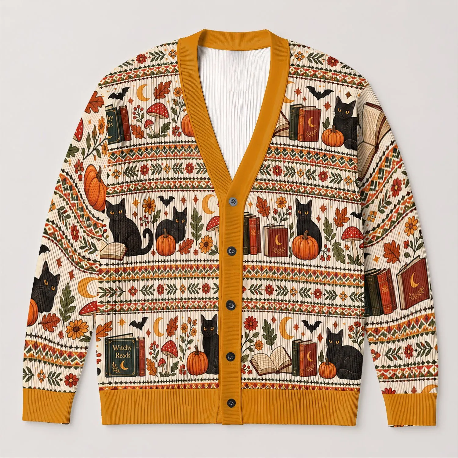 Halloween Books, Black Cats & Pumpkins for Cozy Autumn Reading and Seasonal Layering All-over Print Knitted Cardigan - 1