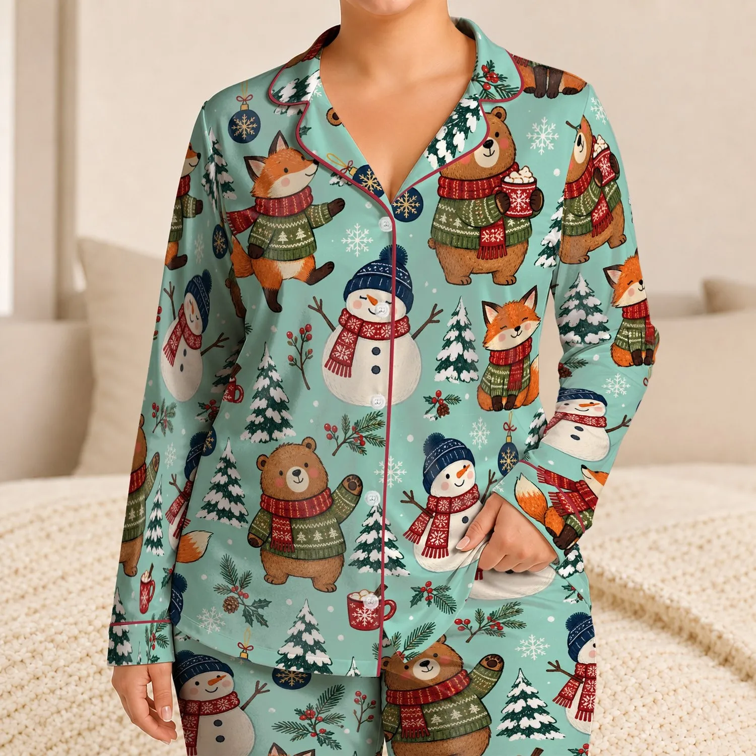 Winter Fox Bear Snowman Companions for Cozy Holiday Lounging Satin Pajamas Set - 1