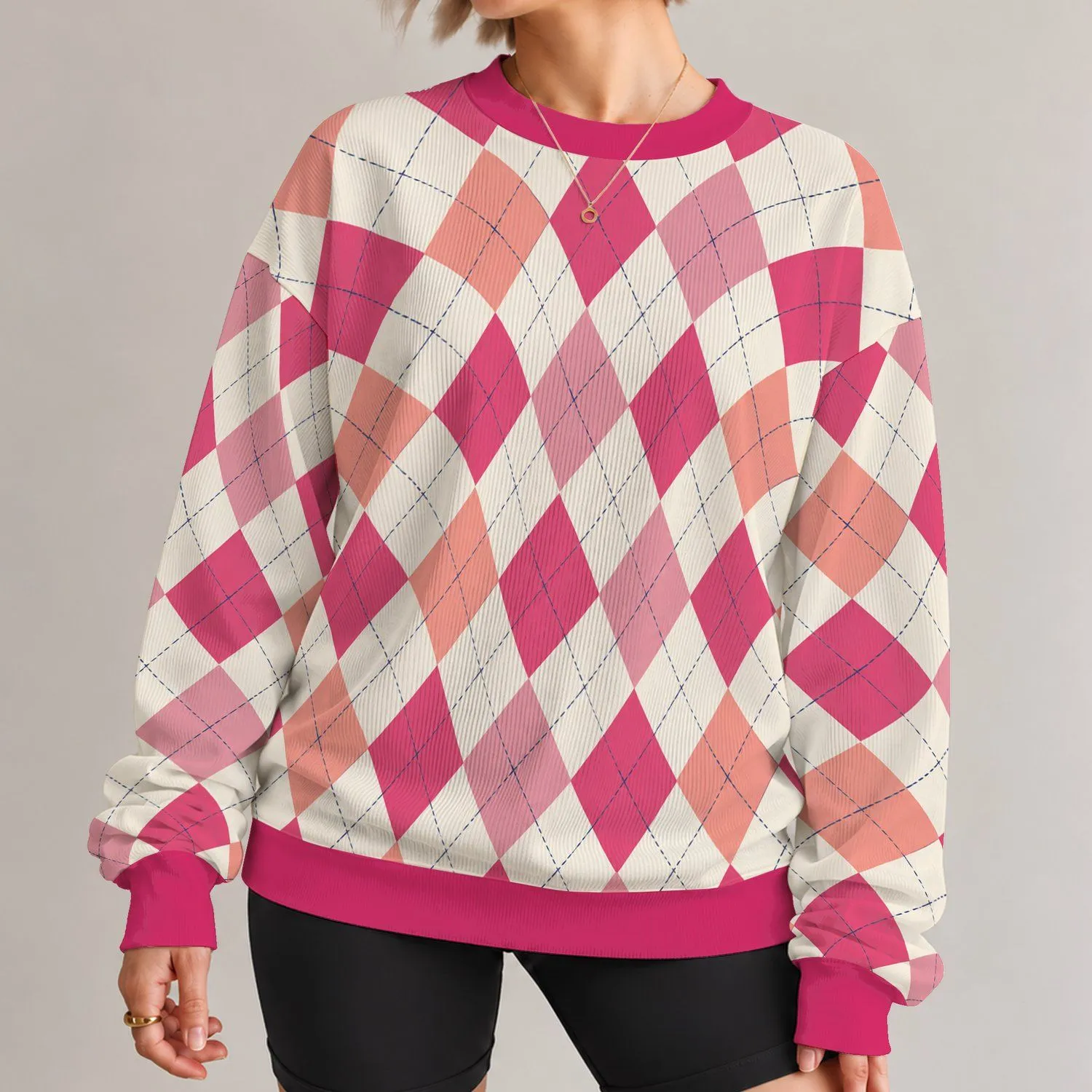 Pink Coral Argyle Diamonds for Collegiate Casual Style and Springtime Weekend Outfits All-over Print Knitted Sweater - 1