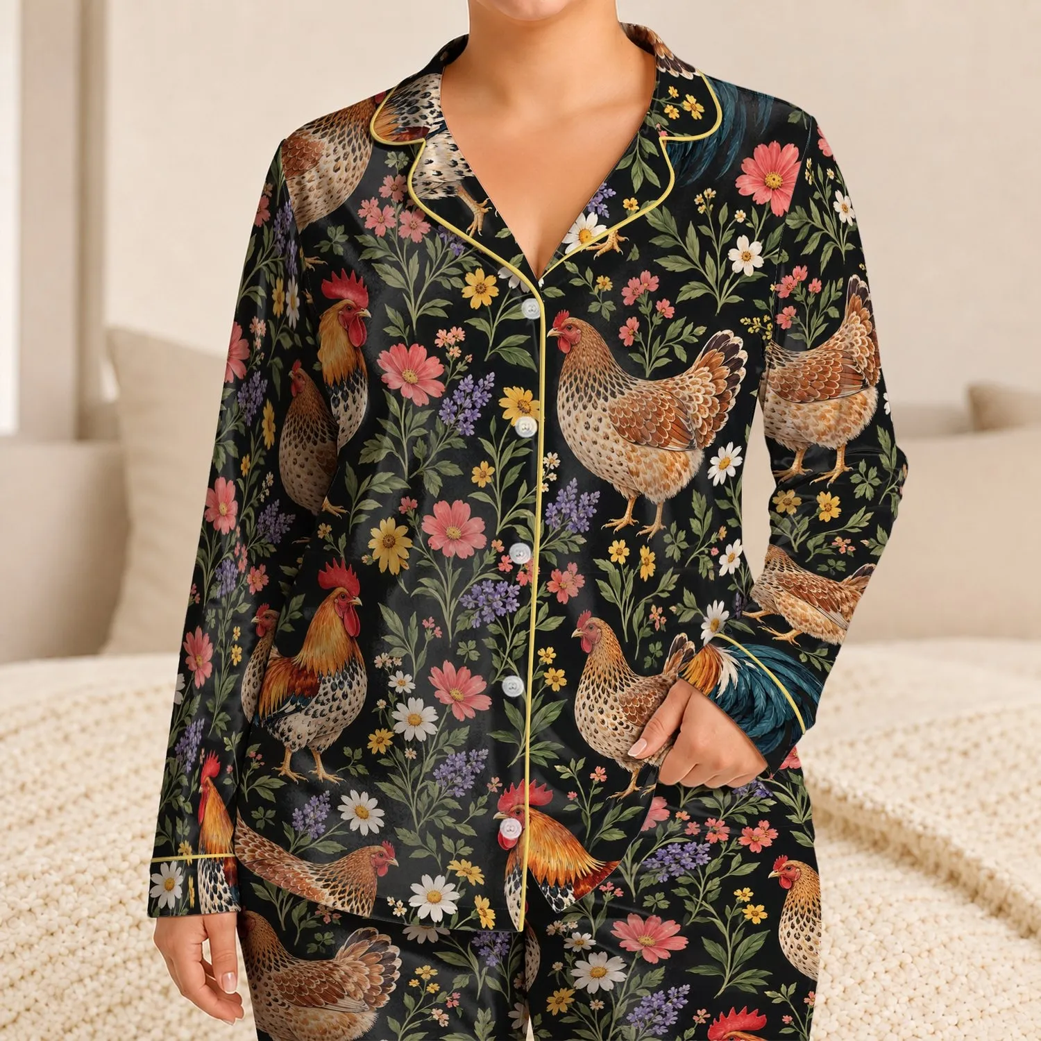 Colorful Rooster And Wildflower Farmhouse Charm For Cozy Country Nights And Gifting Satin Pajamas Set - 1
