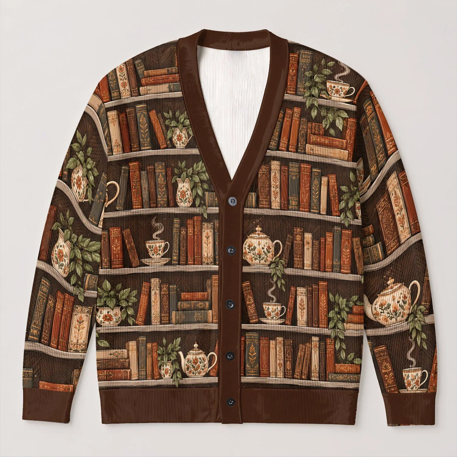 Vintage Bookshelf Teapots and Tea Cups for Cozy Autumn Reading Days All-over Print Knitted Cardigan - 1
