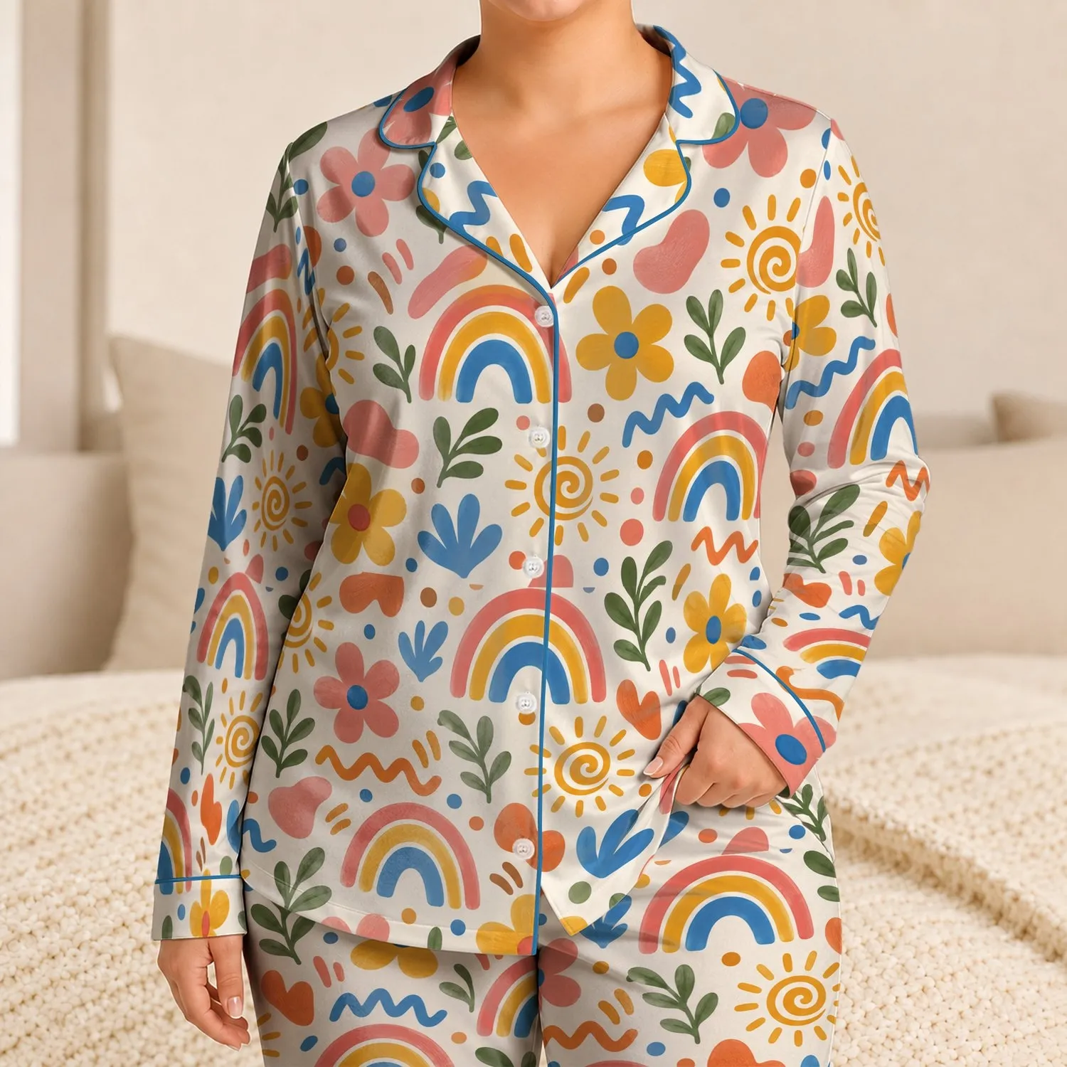Rainbow Floral Doodles for Cheerful Weekend Lounging and Cozy Evenings at Home Satin Pajamas Set - 1