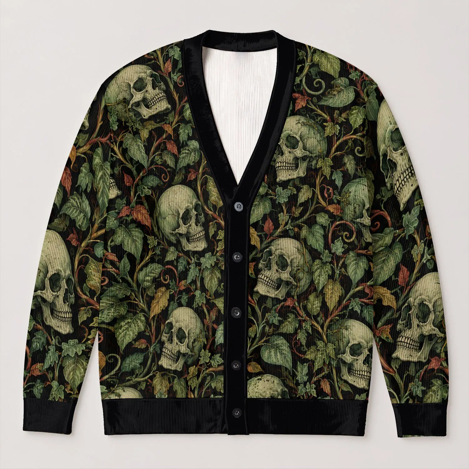 Gothic Green Skull And Twisted Vine Foliage For Halloween And Everyday Layering All-over Print Knitted Cardigan - 1