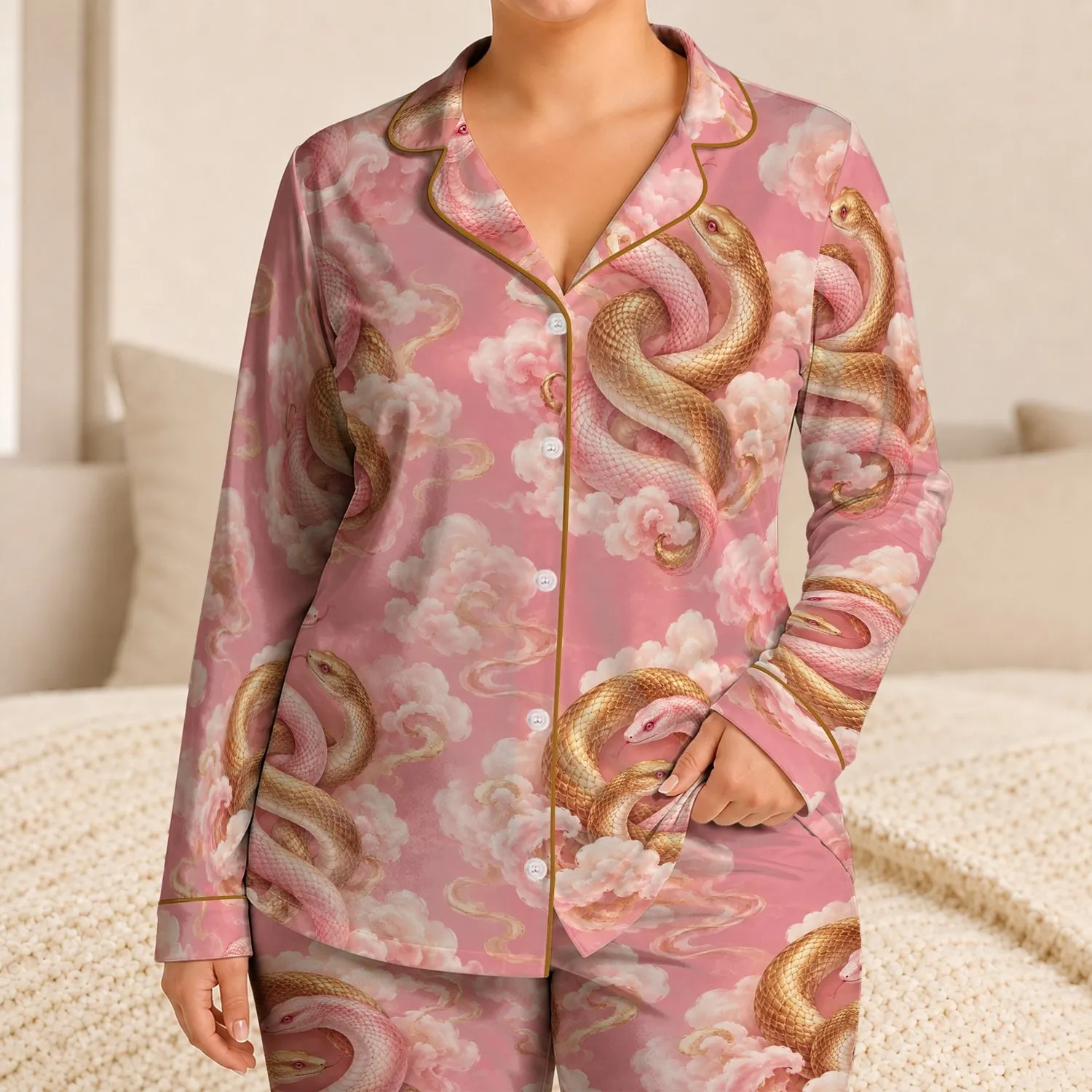 Pink and Gold Serpent Coils for Dreamy Nighttime Lounging and Cozy Relaxation Style Satin Pajamas Set - 1