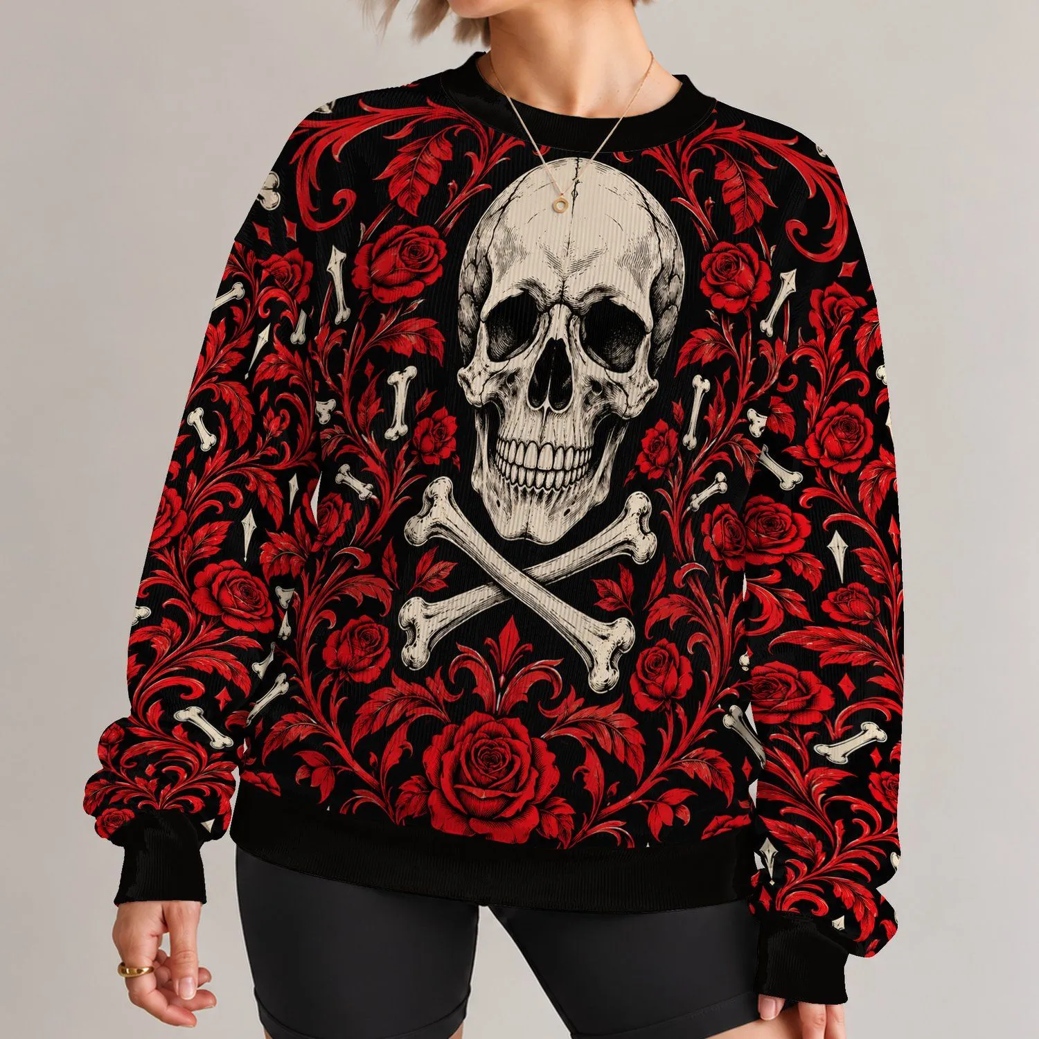 Gothic Skull and Crimson Roses for Alternative Everyday Style and Halloween Wear All-over Print Knitted Sweater - 1