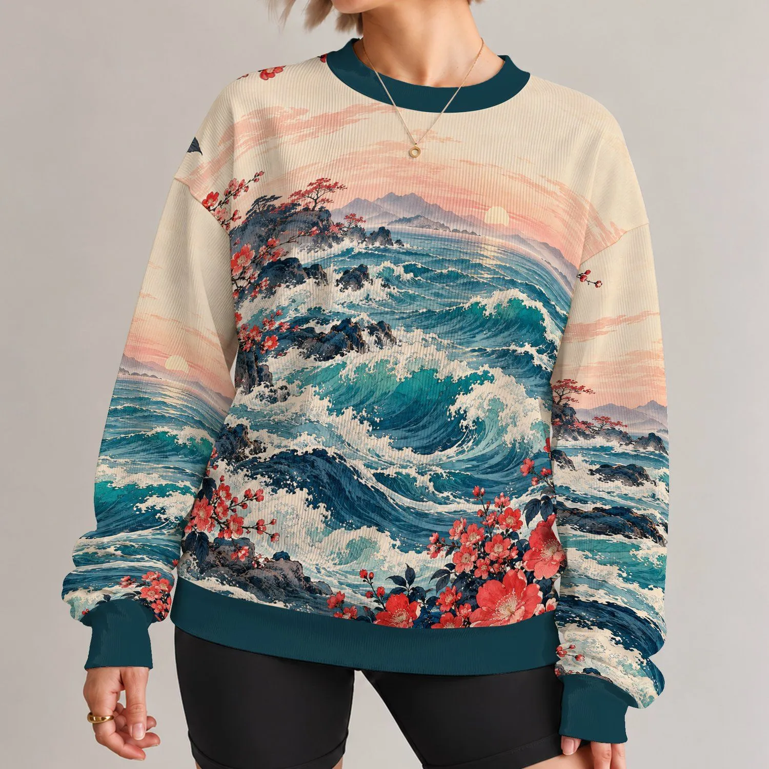 Teal Ocean Waves And Cherry Blossoms For Relaxed Coastal Everyday Style All-over Print Knitted Sweater - 1