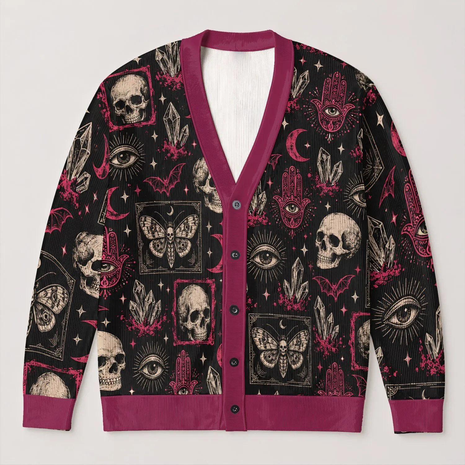 Skull Moth Moon Hamsa Eye Halloween Style for Witchy Autumn Evenings All-over Print Knitted Cardigan - 1