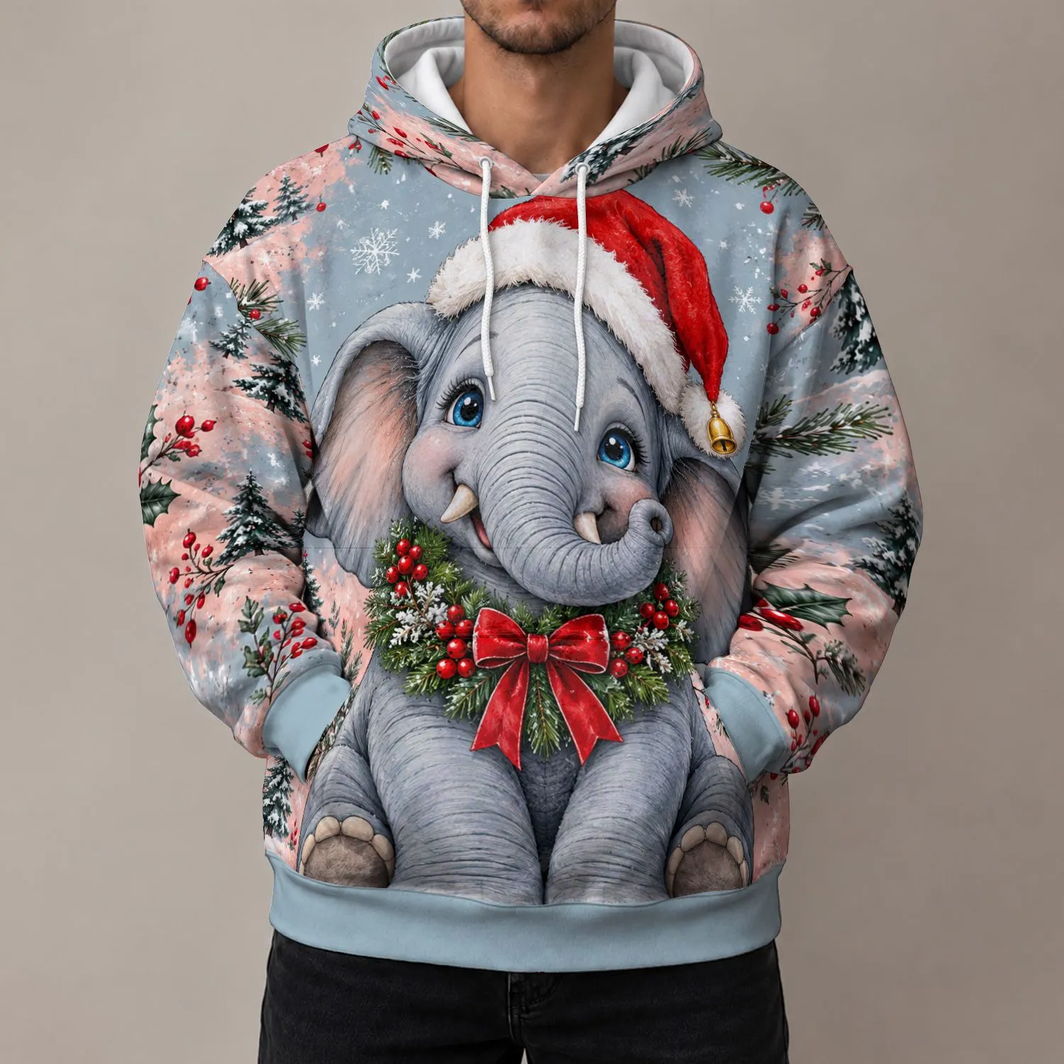 Santa Hat Baby Elephant Holiday Cheer for Christmas Celebrations and Cozy Winter Days All-over Print Hoodie (Lightweight) - 1