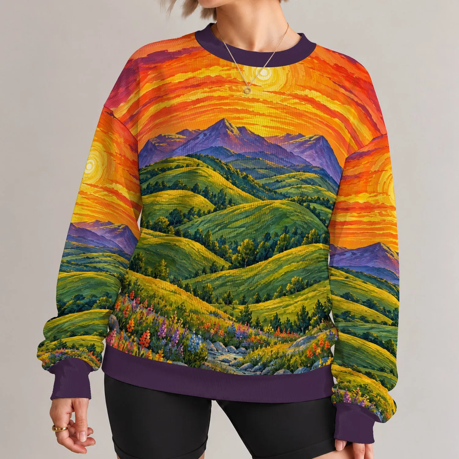 Vibrant Sunset Mountain Valley Scenery for Relaxed Weekend Travel and Nature Lovers All-over Print Knitted Sweater - 1