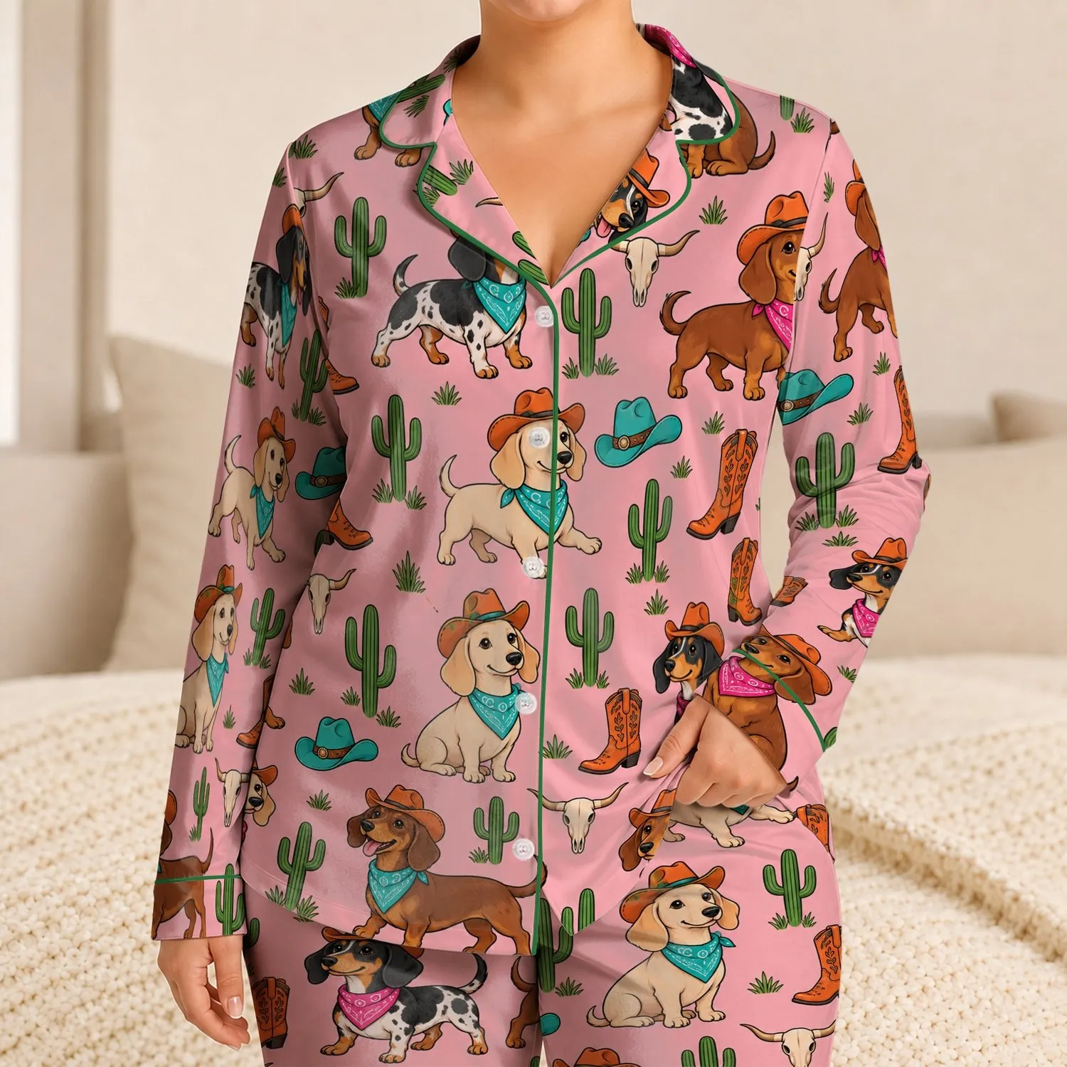 Cowboy Dachshund Western Style For Playful Weekend Lounging And Cozy Evenings Satin Pajamas Set - 1
