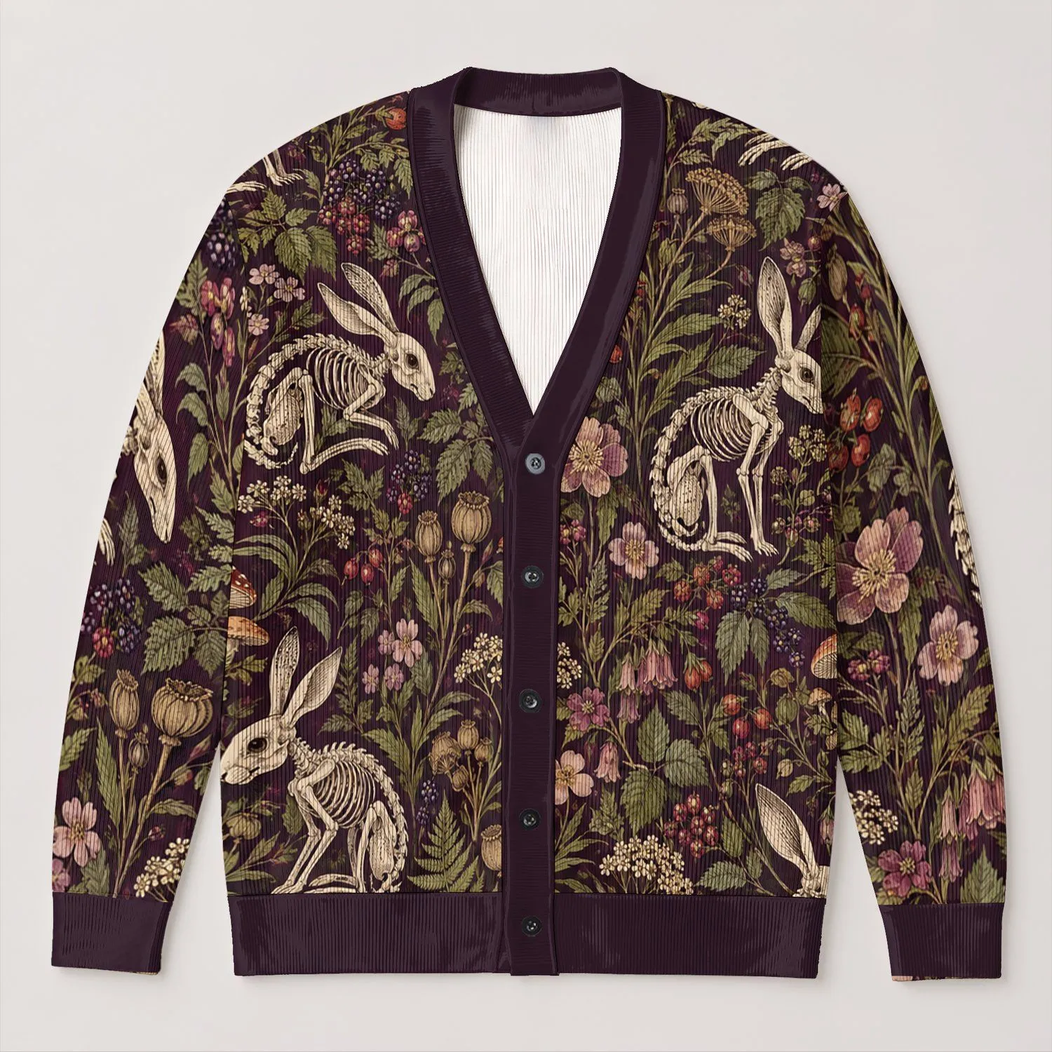 Rabbit Skeletons and Wildflowers for Eerie Autumn Layering and Woodland Wandering All-over Print Knitted Cardigan - 1
