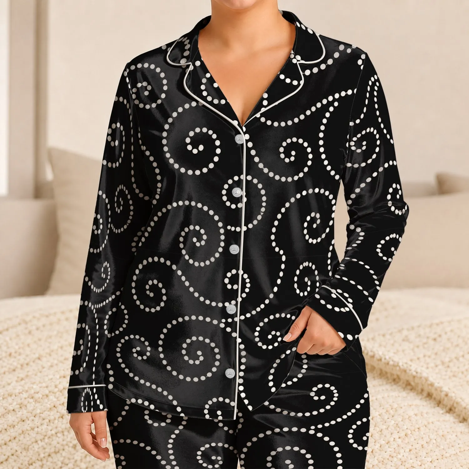Ivory Dotted Swirls for Chic Everyday Style and Relaxed Evenings Satin Pajamas Set - 1
