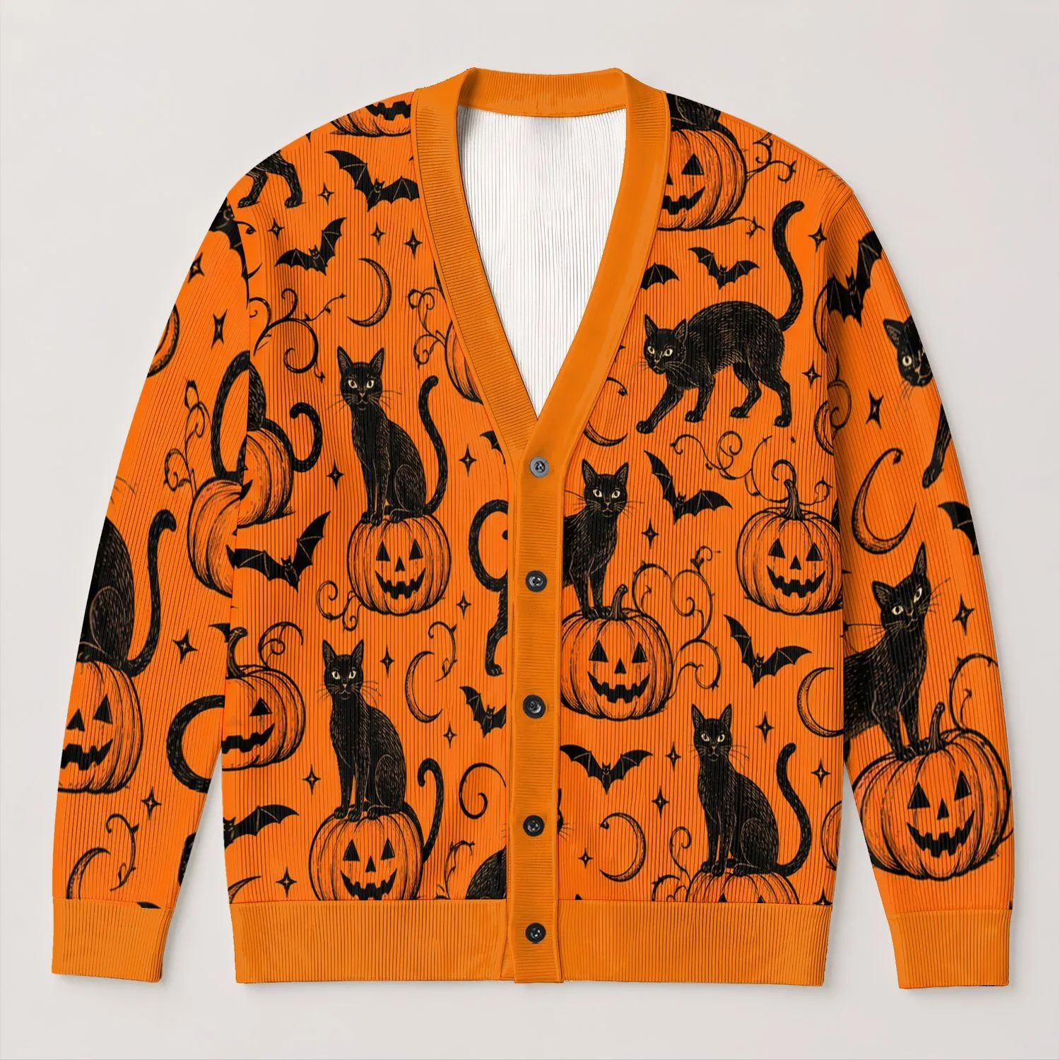 Black Cat and Jack-O’-Lantern Halloween Nightwear for Teen Autumn Halloween Parties All-over Print Knitted Cardigan - 1