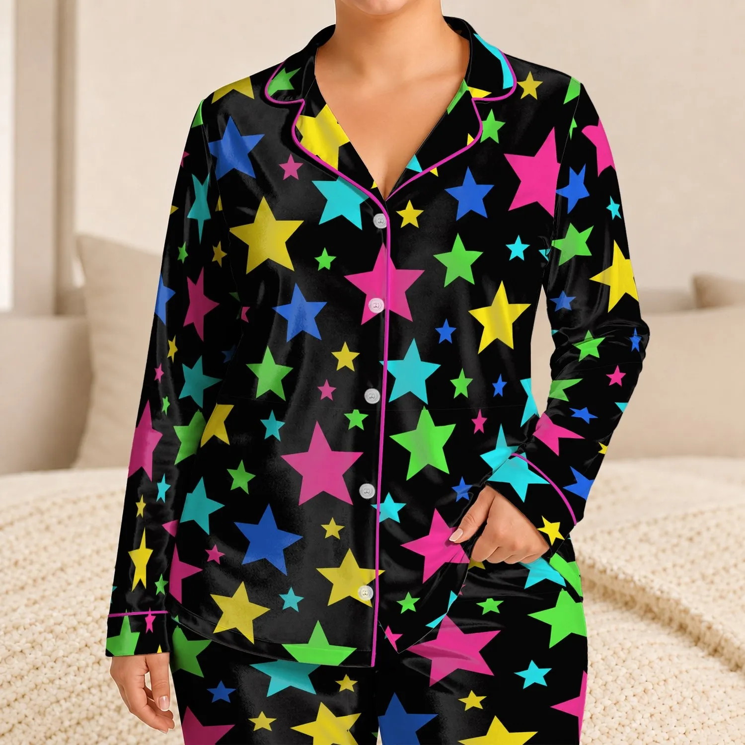Colorful Star Motif for Playful Bedtime Style and Cozy Nights Satin Pajamas Set - 1