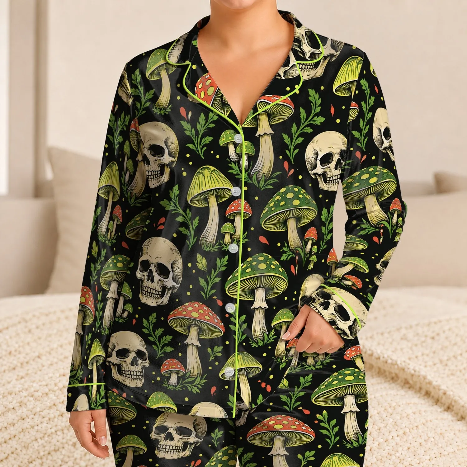 Neon Mushroom And Skull Motifs For Dark Cottagecore Lounge Nights And Halloween Gifts Satin Pajamas Set - 1