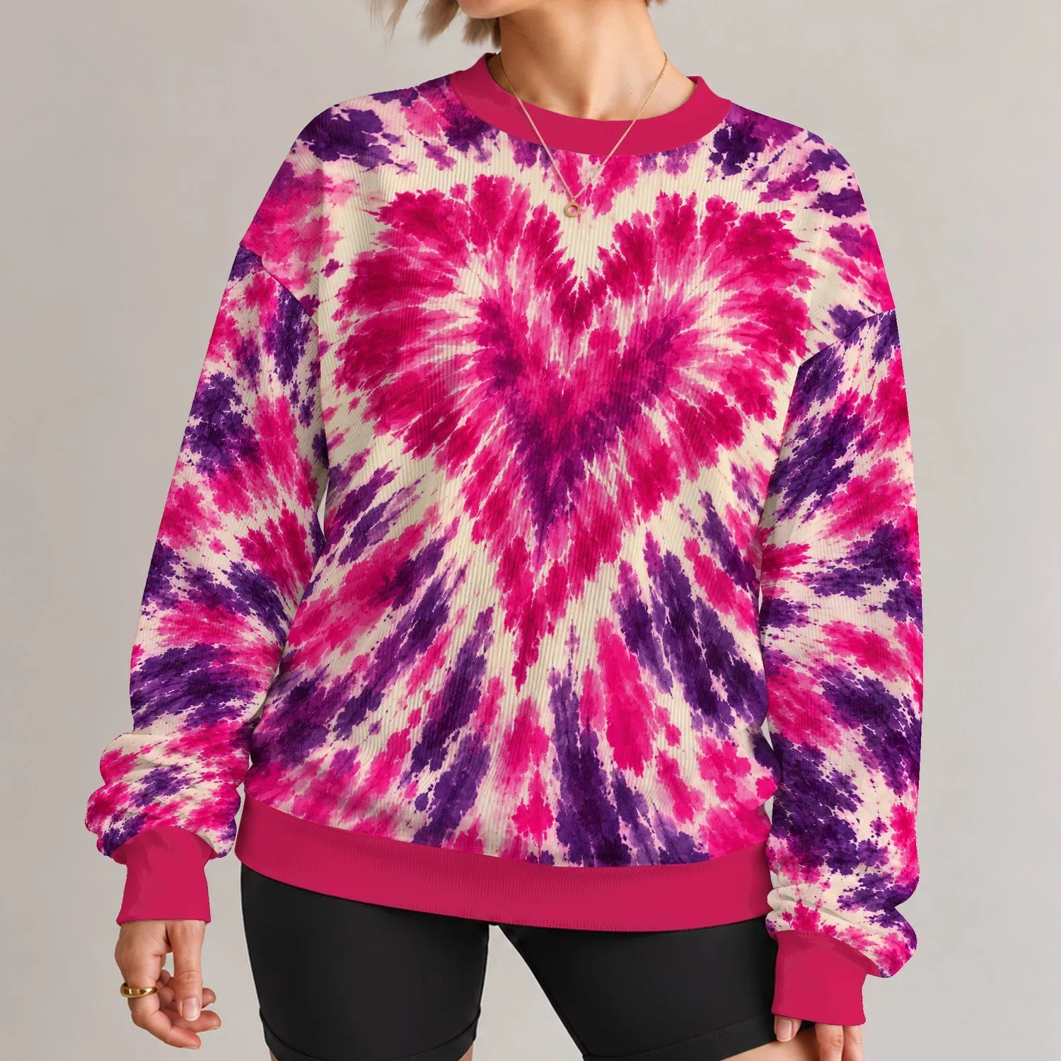 Fuchsia Heart Tie Dye Boho Casual Everyday Colorful Statement for Women Festival Style All-over Print Knitted Sweater - 1