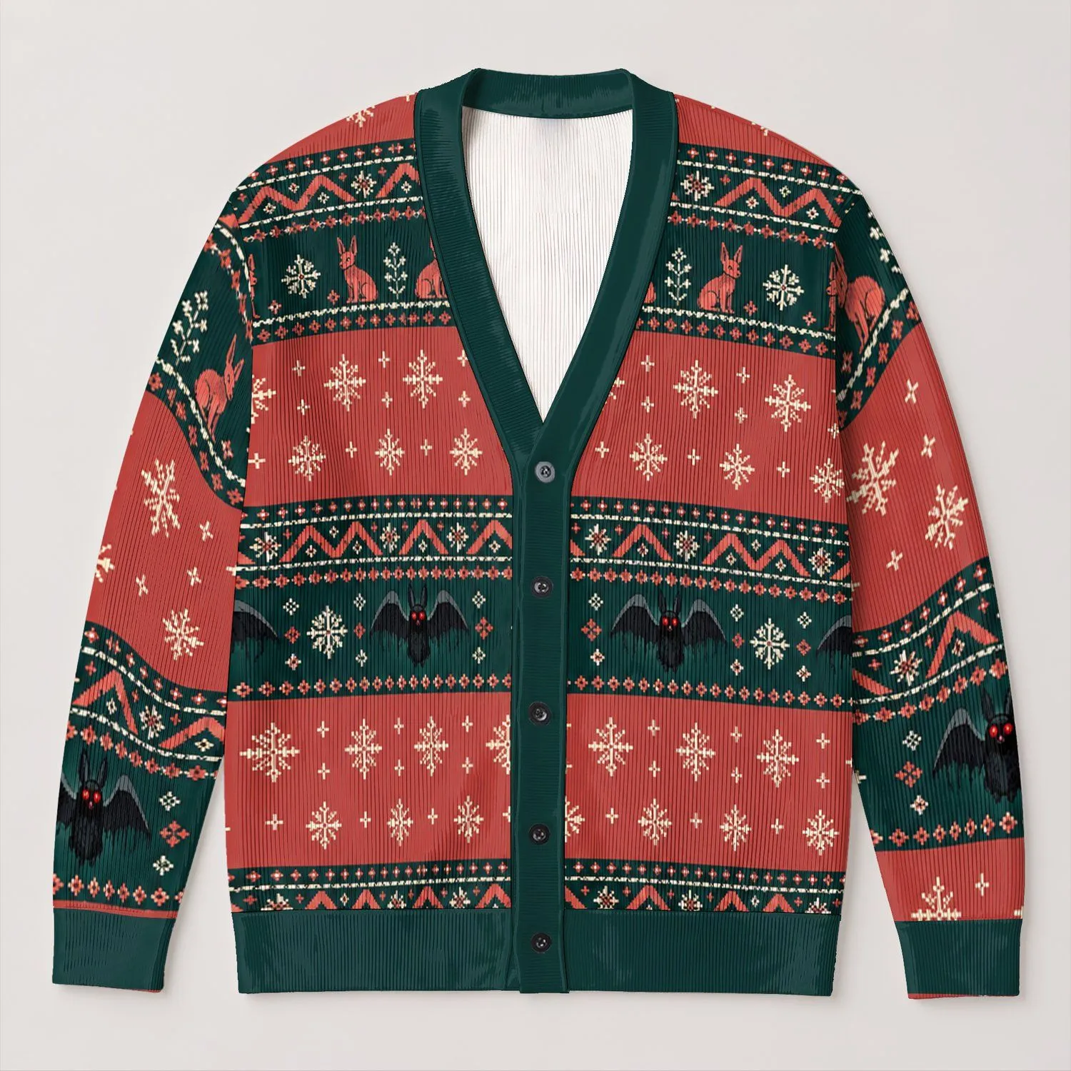 Gothic Mothman, Bats and Nordic Snowflakes for Cozy Retro Winter Layering Teens All-over Print Knitted Cardigan - 1