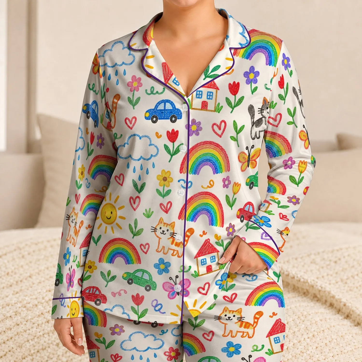 Colorful Rainbow And Playful Doodle Motifs For Cozy Bedtime And Cheerful Lounging Satin Pajamas Set - 1