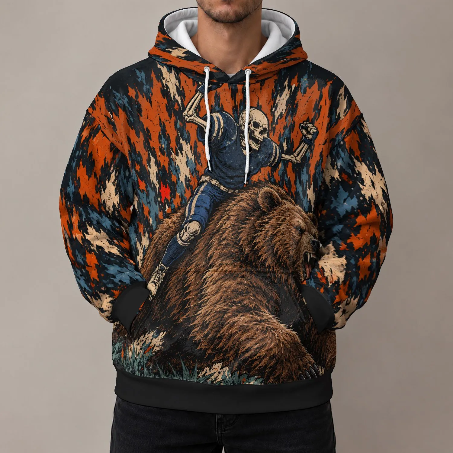 Retro Skeleton Football Player Riding a Roaring Bear for Chicago Game Day Fans All-over Print Hoodie (Lightweight) - 1
