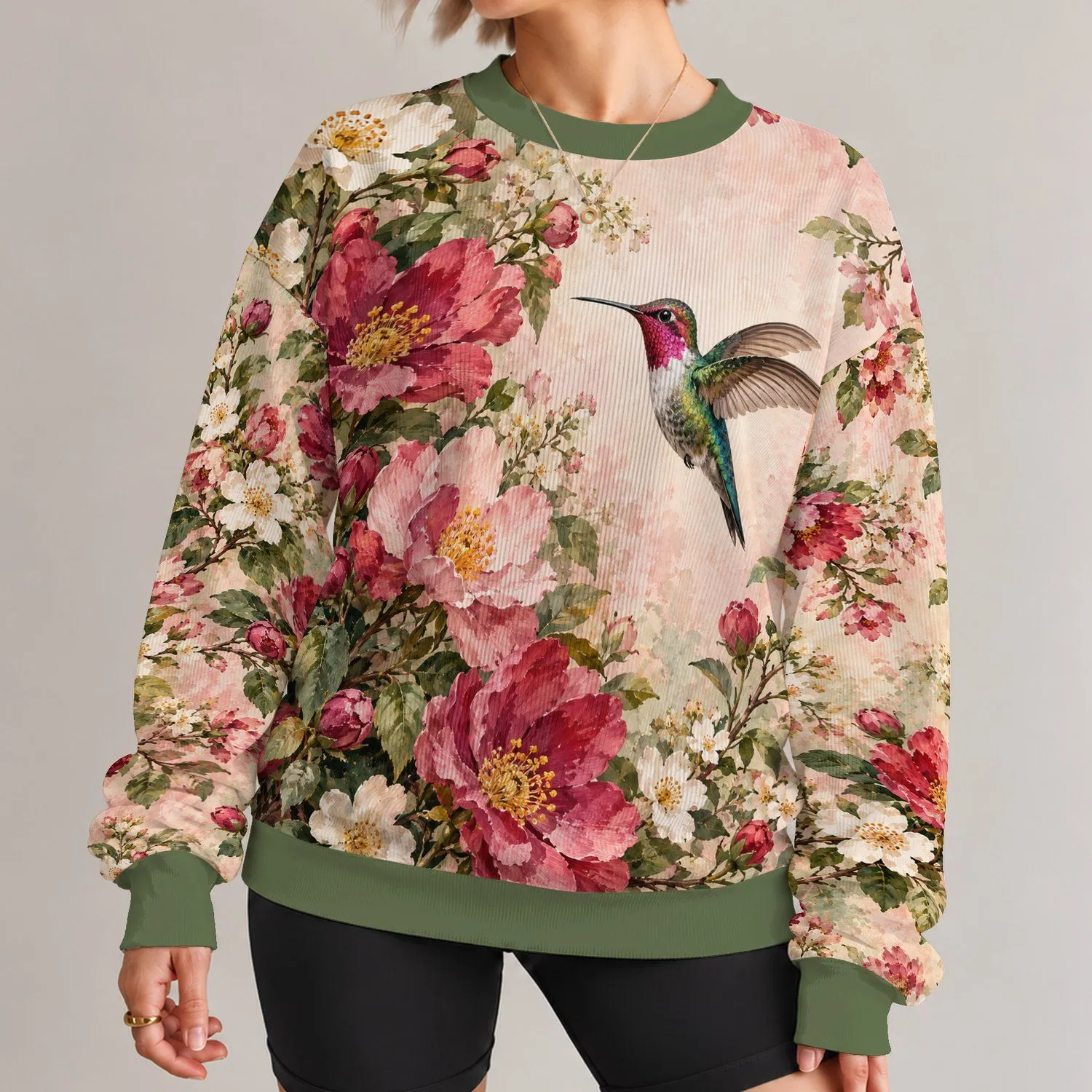 Hummingbird and Floral Garden Motif for Nature Lovers and Springtime Outings All-over Print Knitted Sweater - 1
