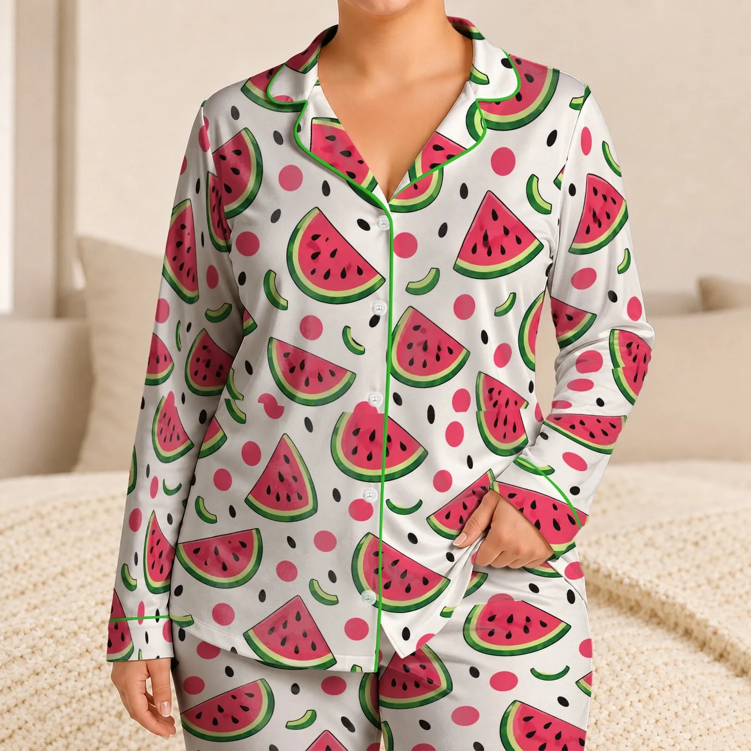 Watermelon Slices And Pink Dots For Cheerful Summer Lounging And Easy Gifting Satin Pajamas Set - 1