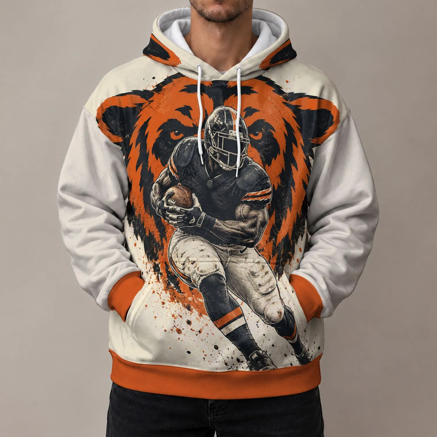 Vintage Quarterback Bear Emblem for Chicago Game Day Tailgates and Football Fans All-over Print Hoodie (Lightweight) - 1