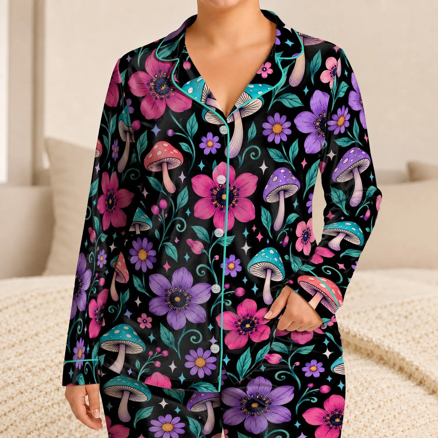 Neon Floral Mushroom Blooms for Cozy Evenings and Whimsical Lounging Satin Pajamas Set - 1