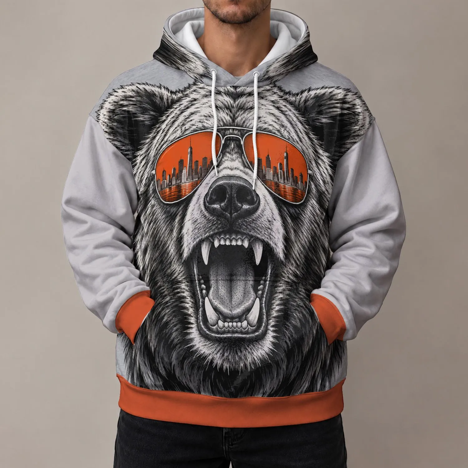 Roaring Bear With Skyline Sunglasses for Game Day and Urban Sports Fans All-over Print Hoodie (Lightweight) - 1