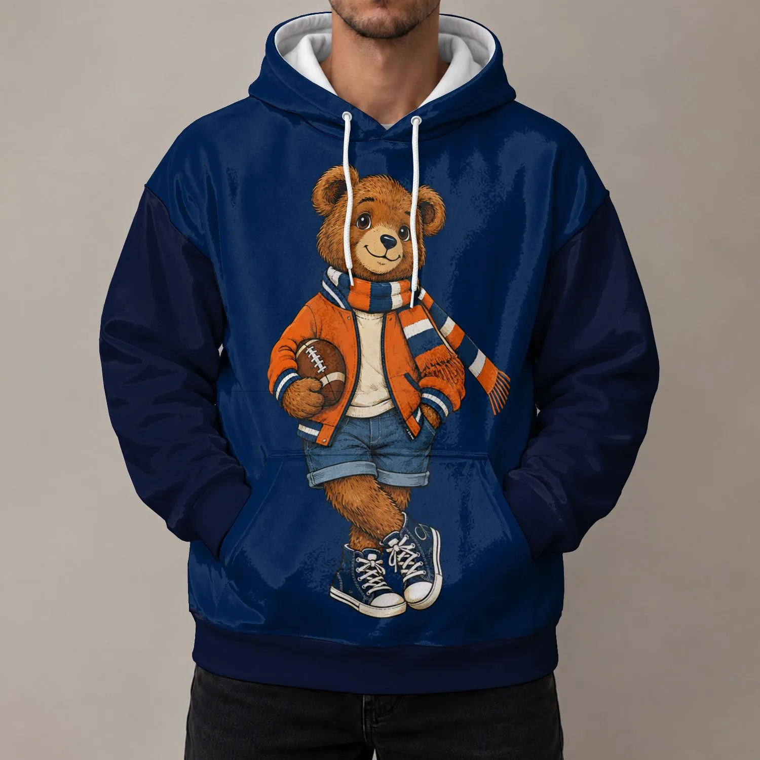 Vintage Brown Bear Football Fan With Scarf For Autumn Game Day And Campus Style Wear All-over Print Hoodie (Lightweight) - 1