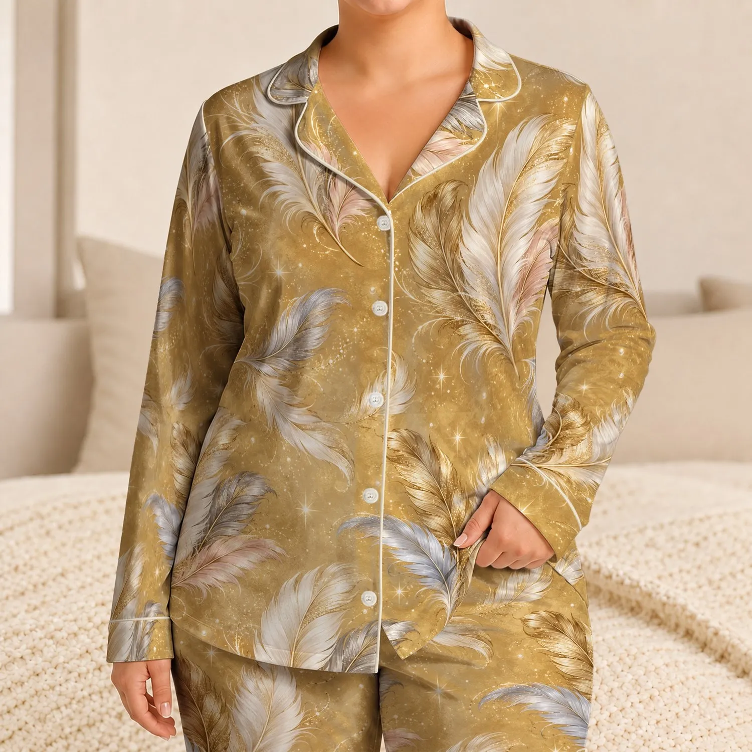 Golden Feather Sparkle Motif for Glamorous Lounging and Relaxed Evenings Satin Pajamas Set - 1