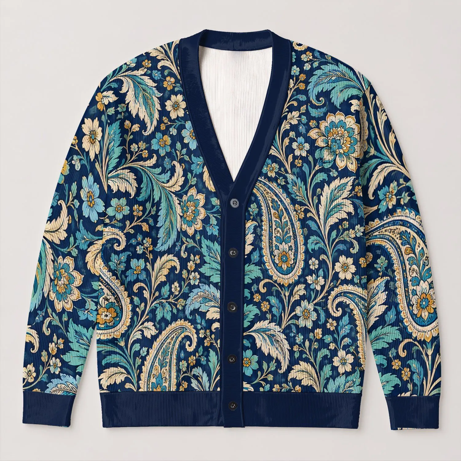 Navy Teal Paisley Blooms for Colorful Everyday Layering and Spring Garden Style All-over Print Knitted Cardigan - 1