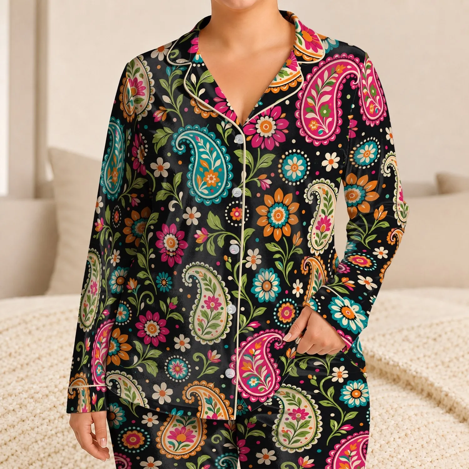 Vibrant Paisley Flowers for Cozy Weekend Lounging and Festive Gift Giving at Home Satin Pajamas Set - 1