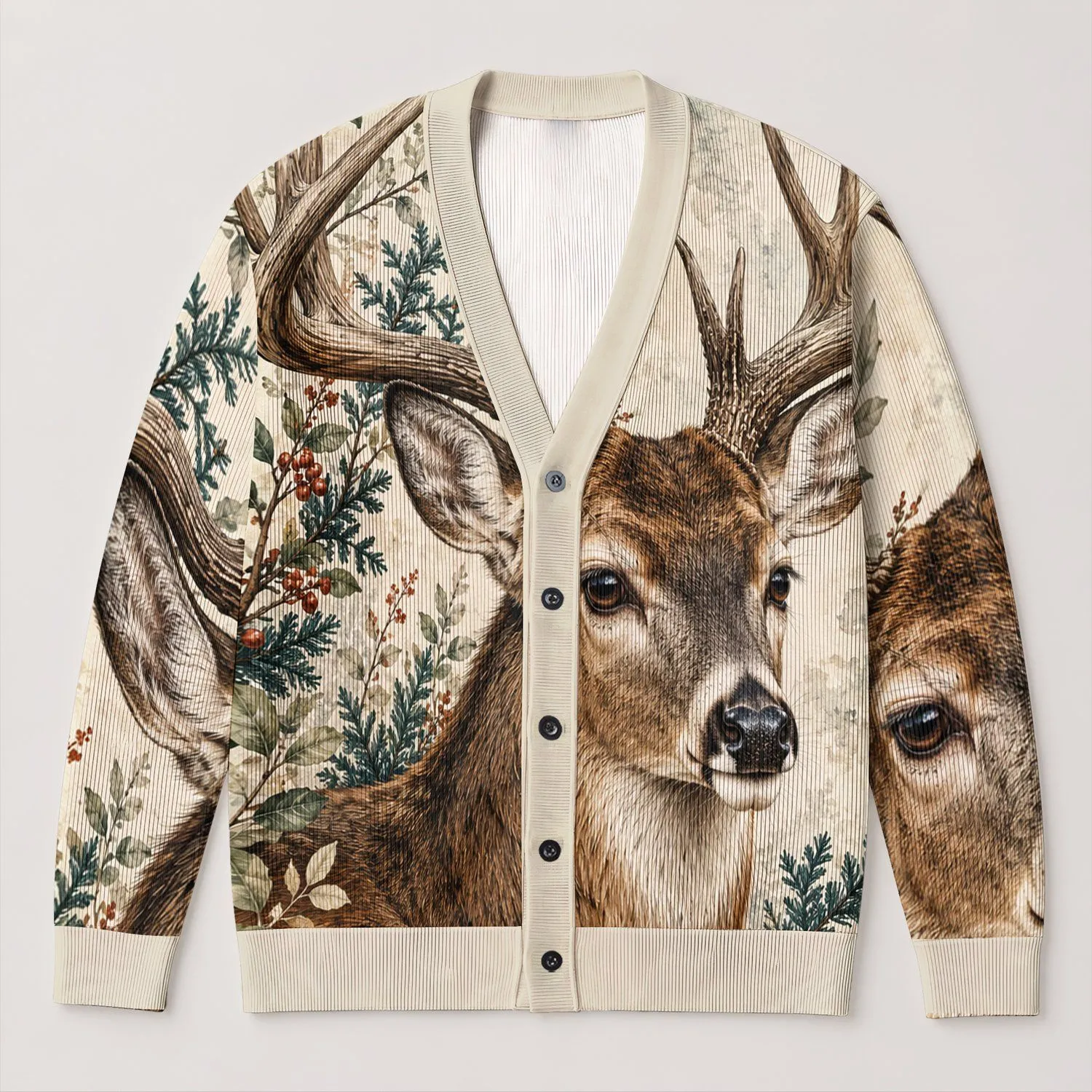 Woodland Deer and Botanical Foliage for Cozy Autumn Layering All-over Print Knitted Cardigan - 1