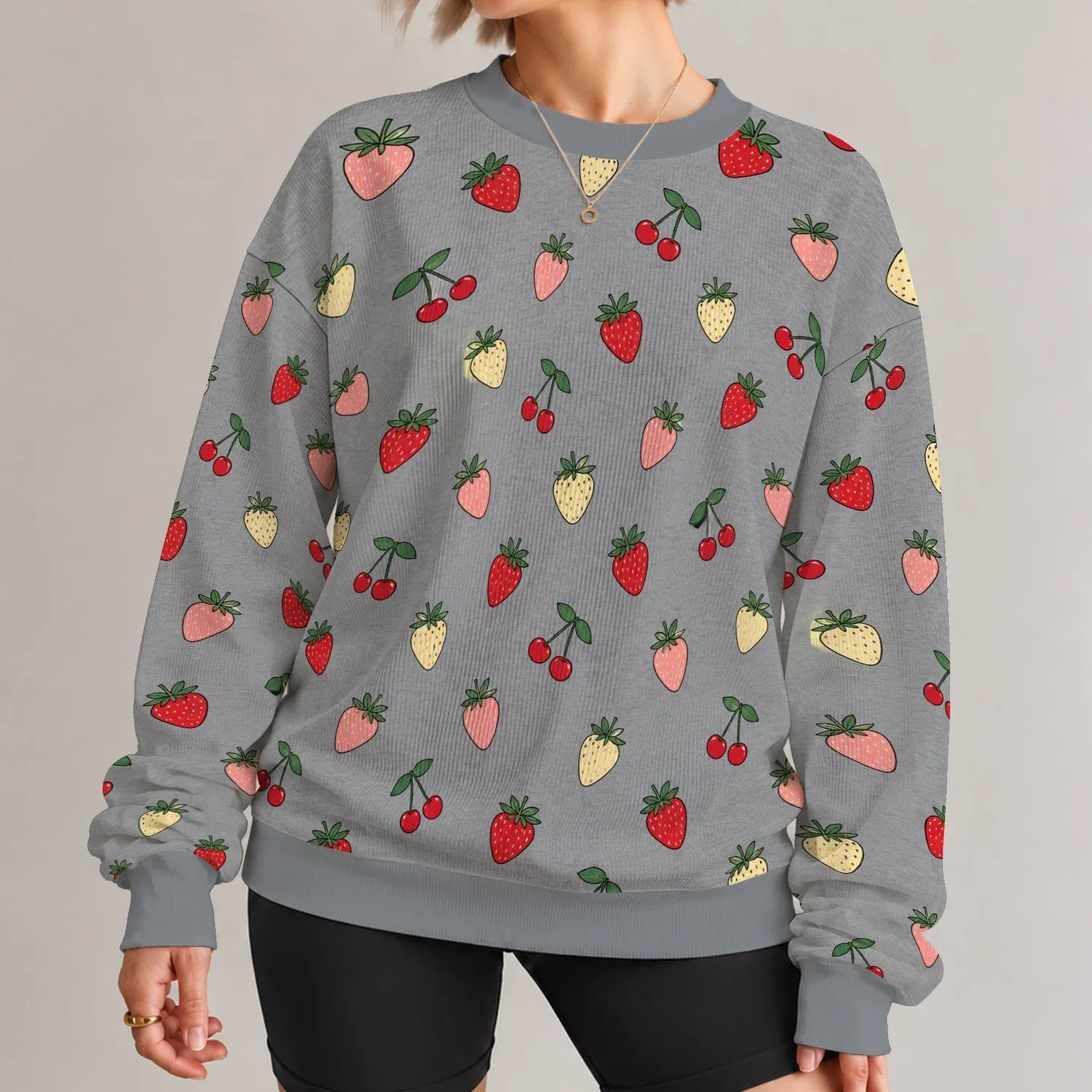 Strawberry And Cherry Fruit Motif For Sweet Springtime Casual Style All-over Print Knitted Sweater - 1